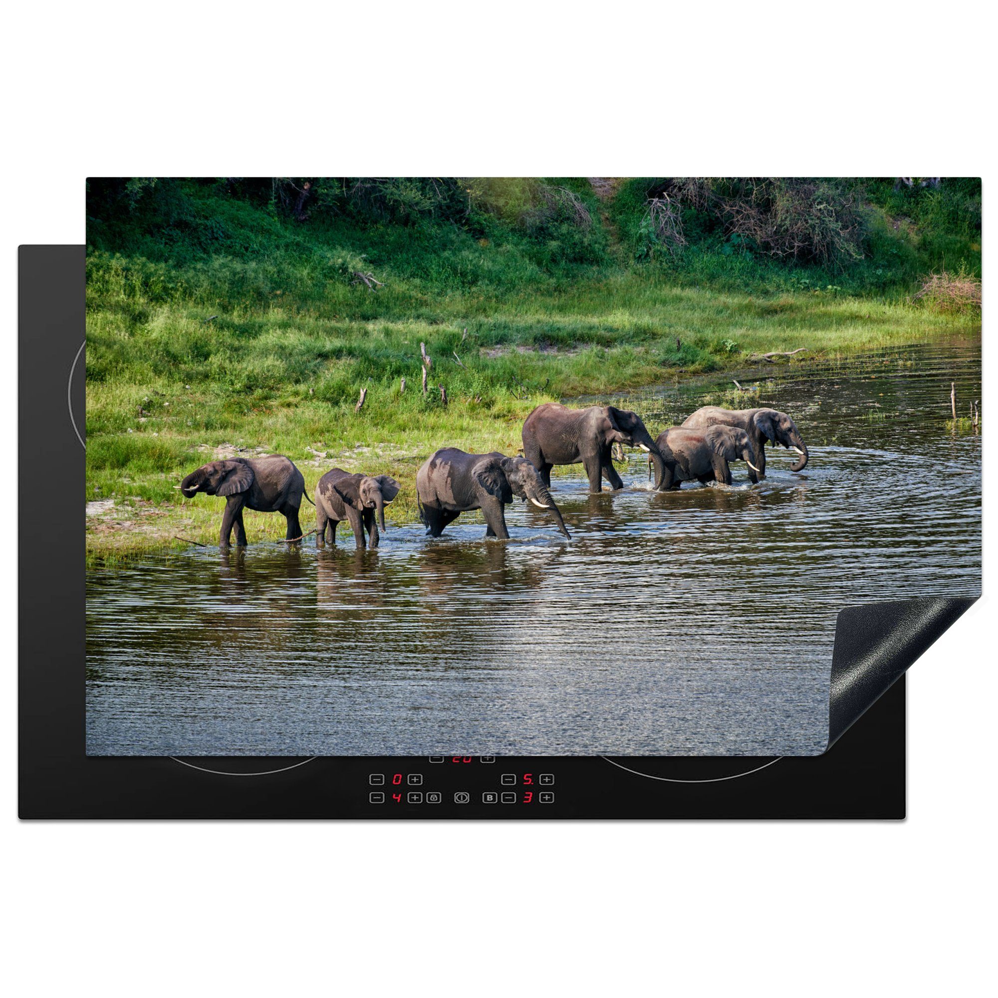 MuchoWow Herdblende-/Abdeckplatte Elefanten im Fluss des Makgadikgadi Pans National Park, Vinyl, (1 tlg), 81x52 cm, Induktionskochfeld Schutz für die küche, Ceranfeldabdeckung