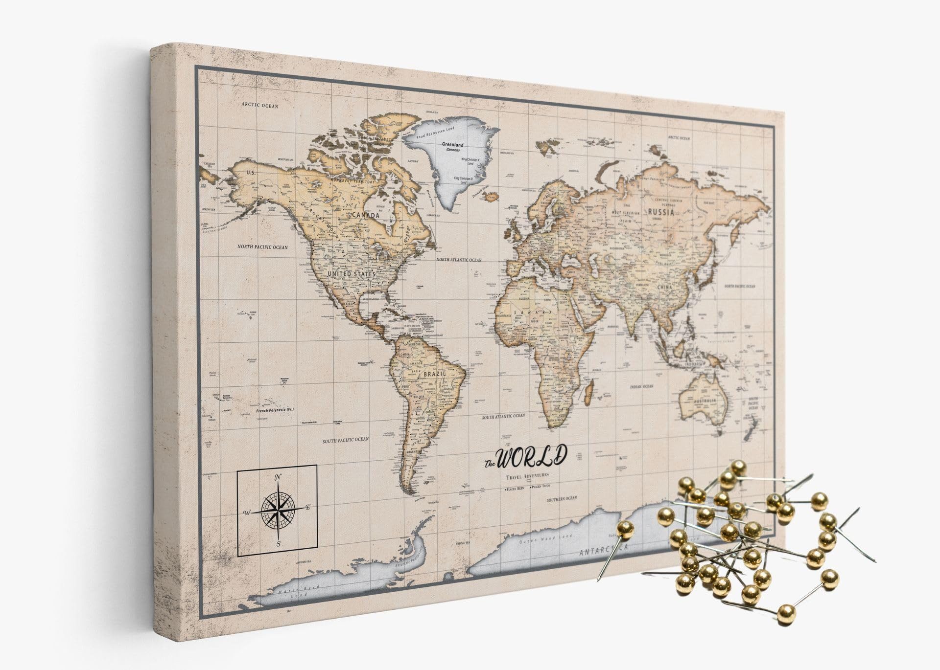 framed concept Leinwandbild als Weltkarte Kork-Pinnwand, pinne Deine Reisen und Erinnerungen, Englische Beschriftung inkl. 50 goldene Pins