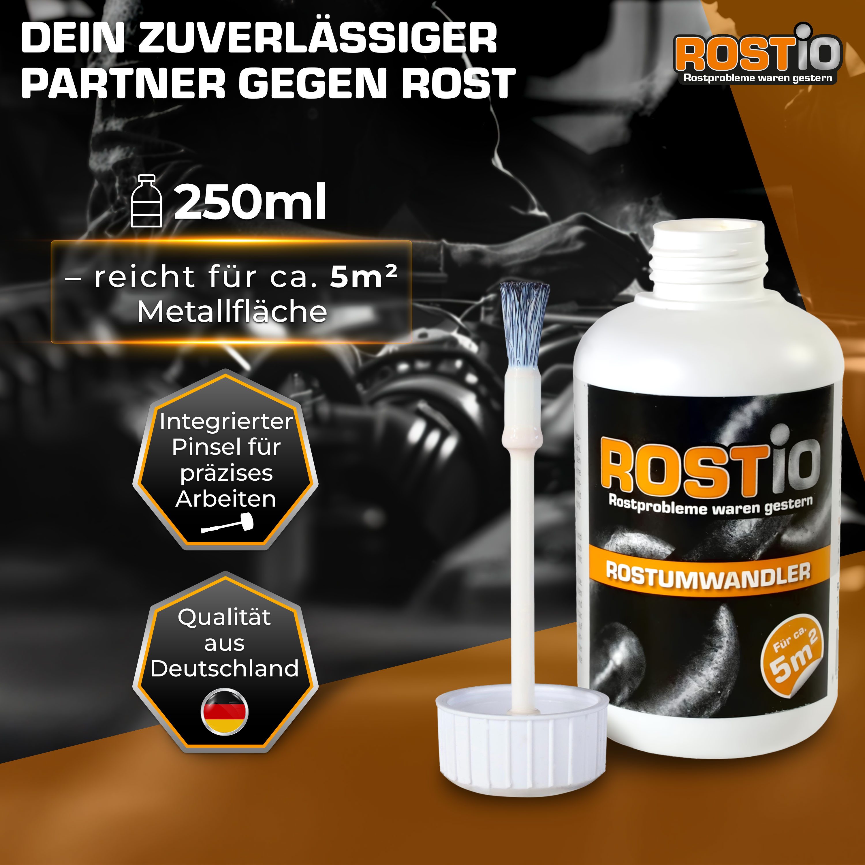 Rostio Rostschutzgrundierung Rostio Rostumwandler & Grundierung, Rostkonverter mit Pinsel 250 ml, {Rostumwandler & Grundierung in einem. Kein abwaschen erforderlich.}