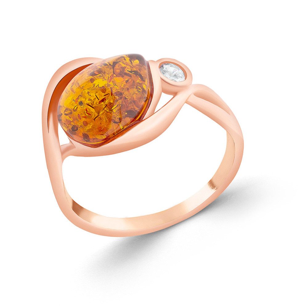 S&A Jewellery Design Silberring Damenring aus 925 Silber mit Bernstein (und Zirkonia, 1-tlg., rosévergoldet), Sterlingsilber Silberschmuck für Damen