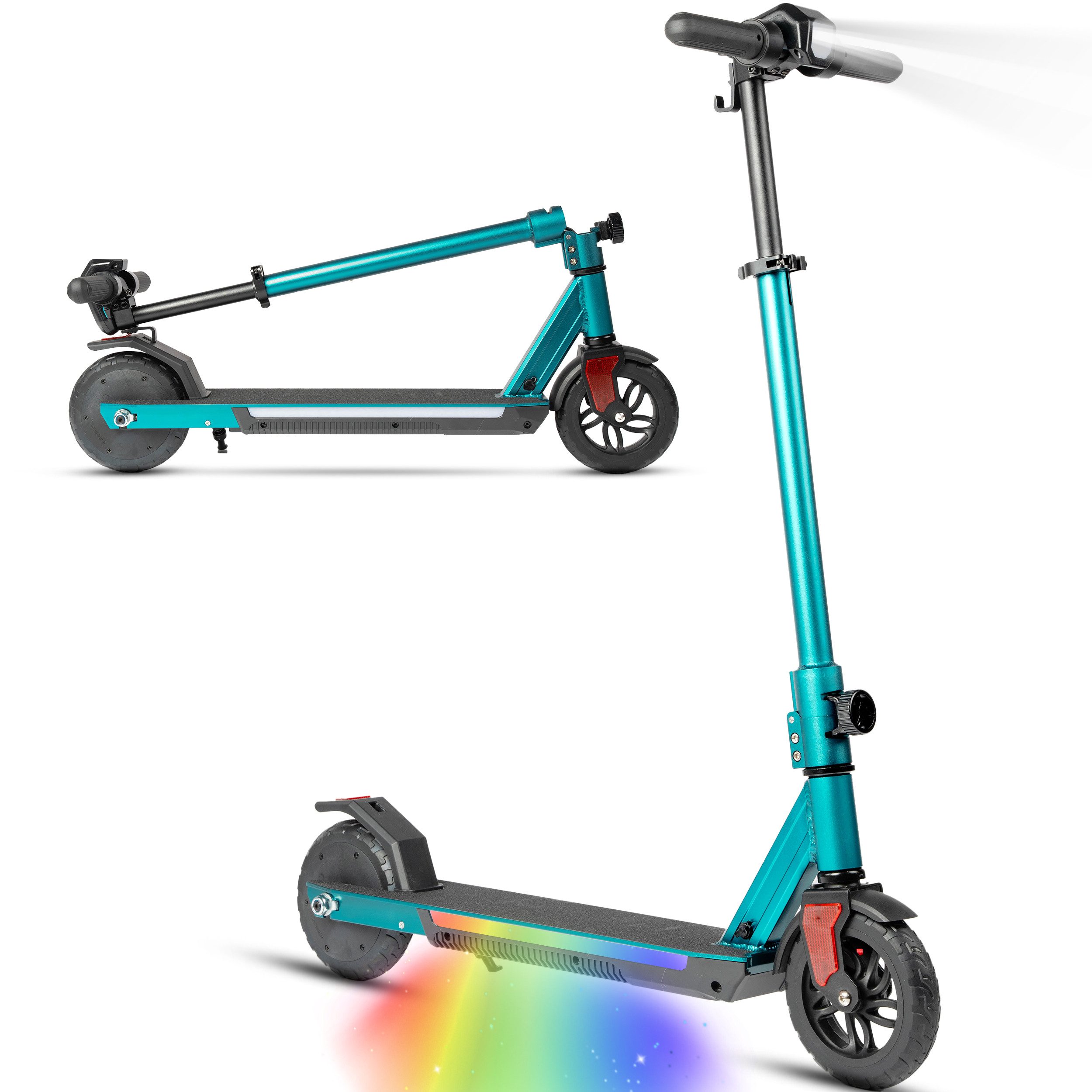OOTD Elektro-Kinderroller E-Scooter für Kinder, 8-14 Jahren, Bunte Leuchten, max. 15km, faltbarer Alurahmen mit Haken, EBS- und Fußbremse