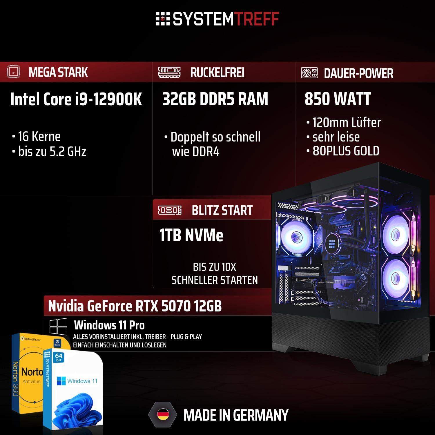 SYSTEMTREFF Intel Core i9-12900K mit Nvidia GeForce RTX 5070 12GB Gaming-PC (Intel 12900K 12900K, Nvidia GeForce RTX 5070, 32 GB RAM, 1000 GB SSD, Wasserkühlung)