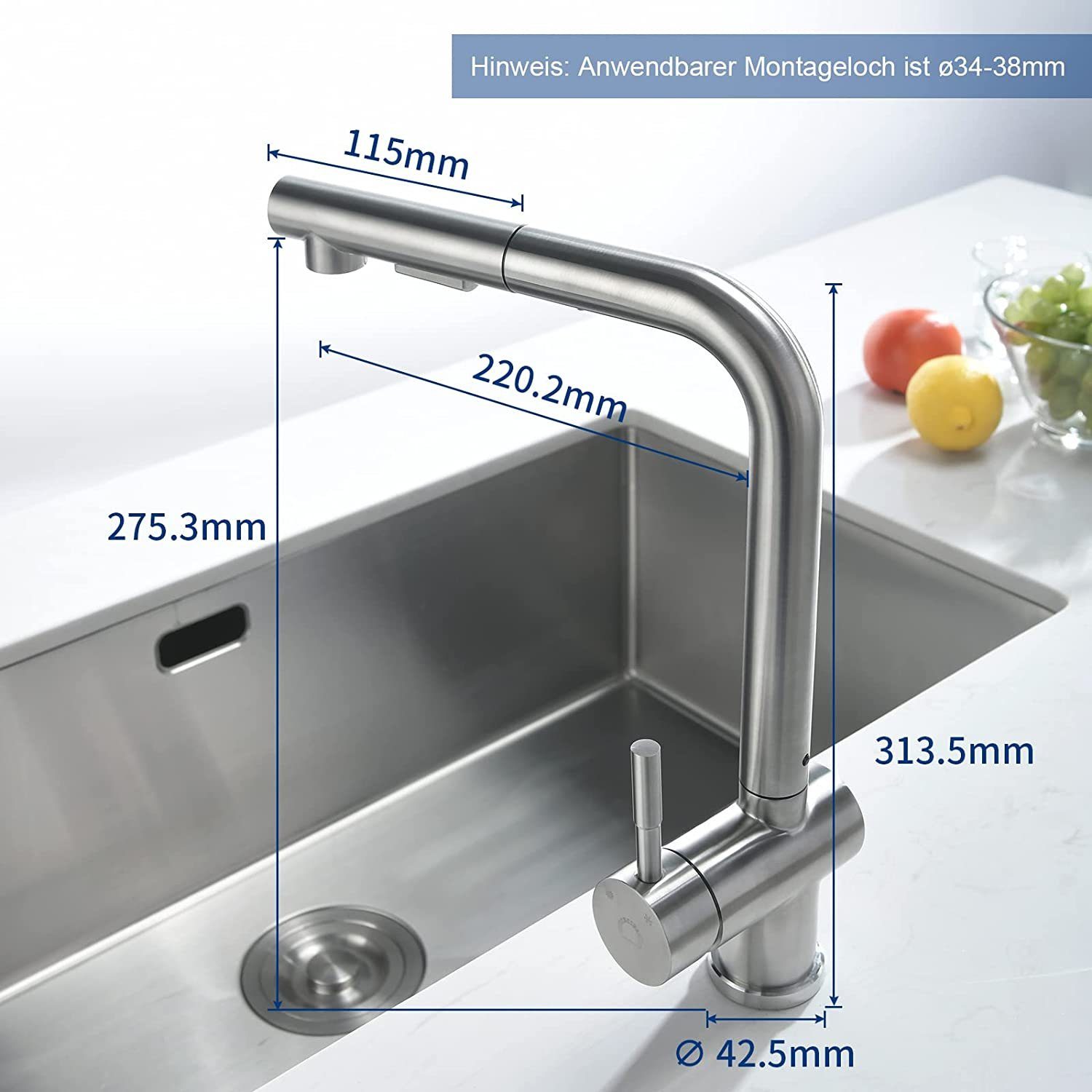 Edelstahl Silber Wasserhahn Küche Hochdruck Küchenarmatur Ausziehbar CECIPA Küchenarmatur