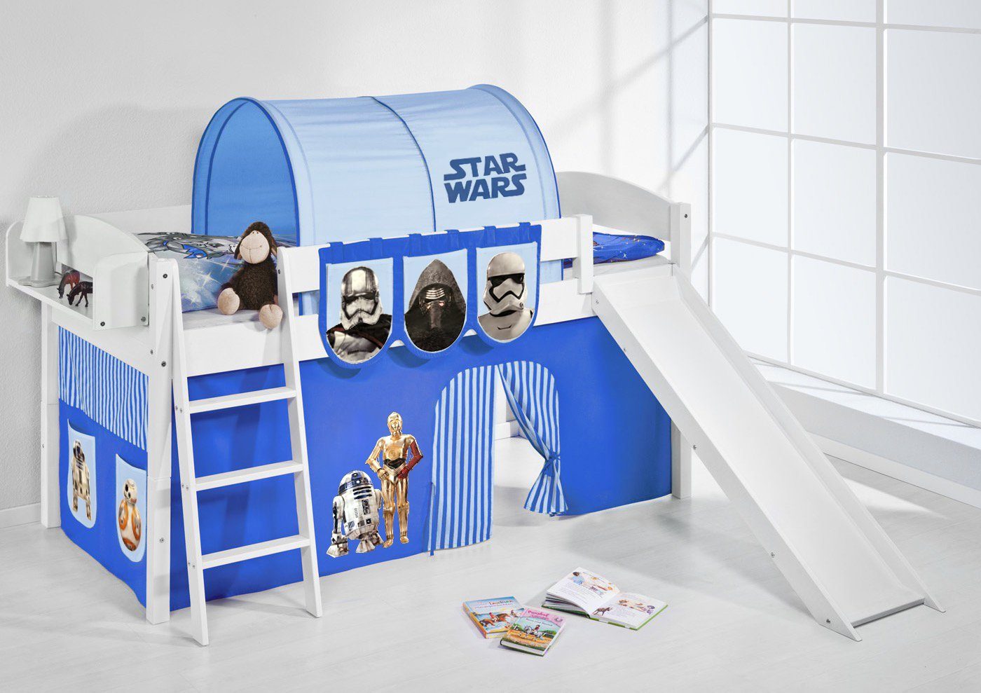 Lilokids Hochbett Spielbett IDA Star Wars - Teilbares Hochbett mit Rutsche & Vorhang umbaubar in Einzelbett, Hochbett oder L-Etagenbett