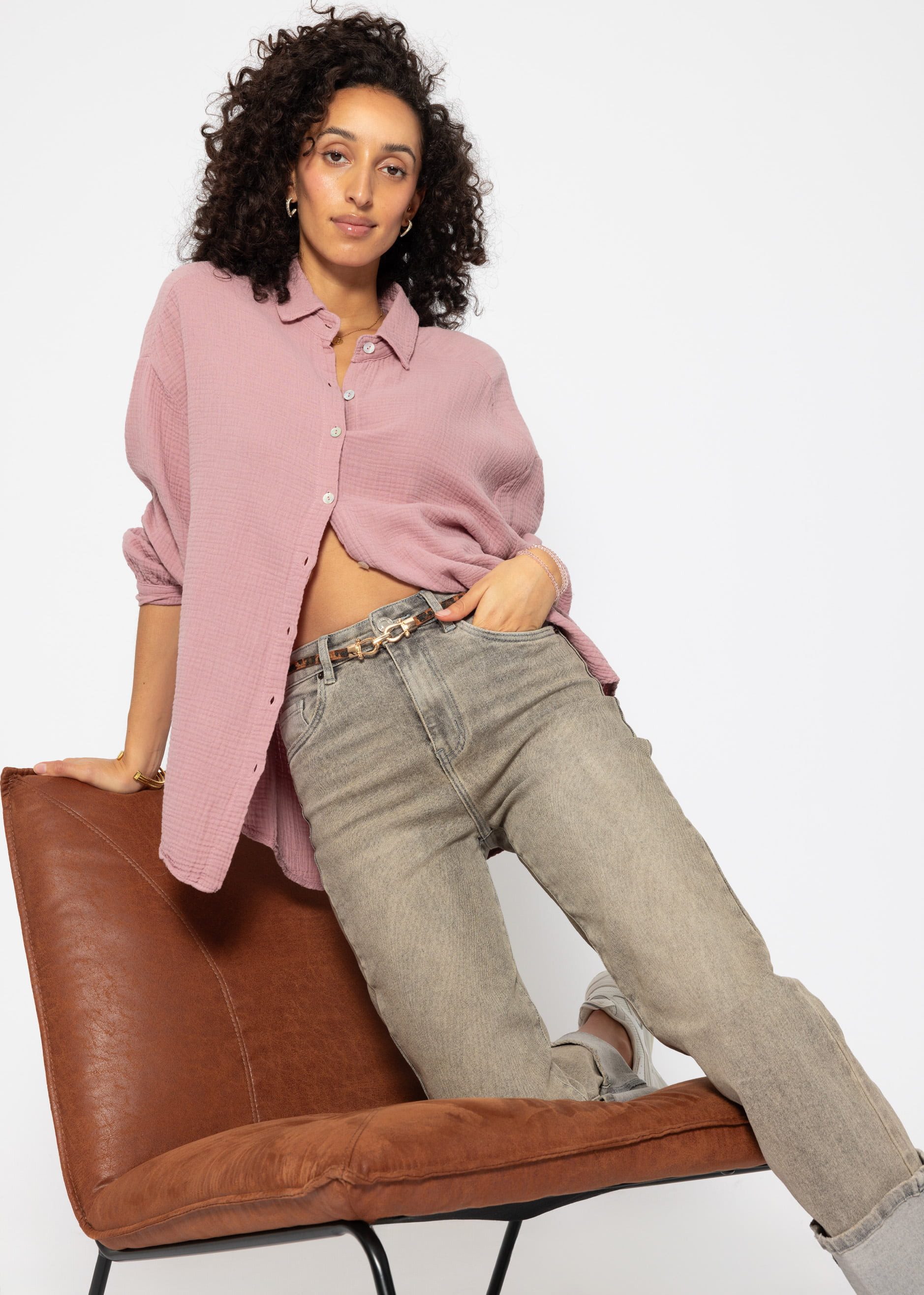 Longbluse Oversize Musselin Bluse Damen kurz Langarm Elegant