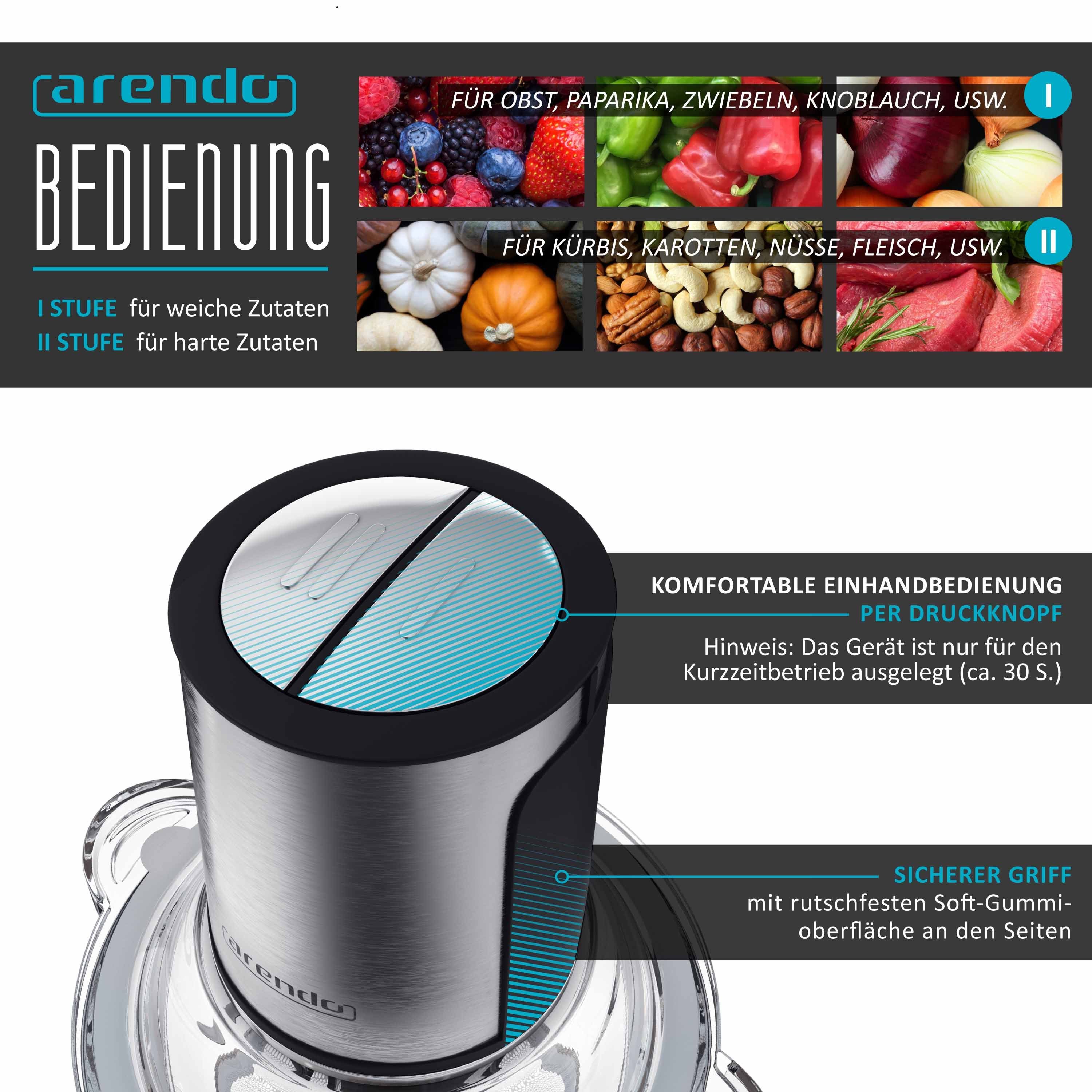 Arendo Zerkleinerer Elektrischer Universal Multizerkleinerer, 400 W, Power Chopper mit 1,5 L Glasbehälter