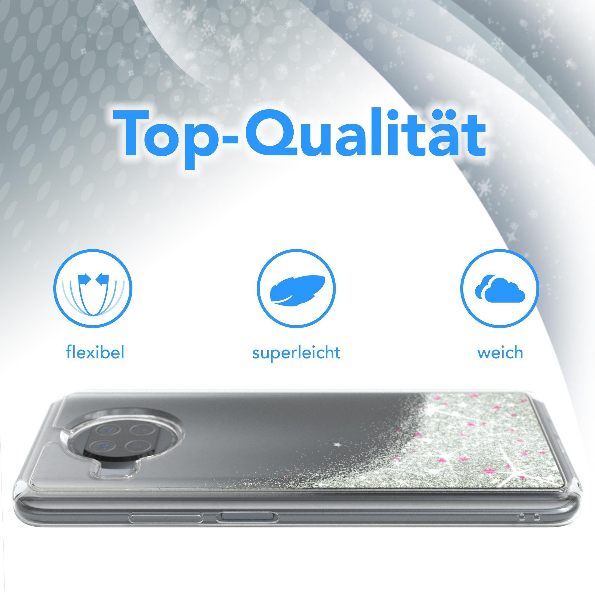 EAZY CASE Handyhülle Liquid Glittery Case für Xiaomi Mi 10T Lite 6,67 Zoll, Kratzfeste Silikonhülle stoßfestes Back Cover Phone Case Etui Silber