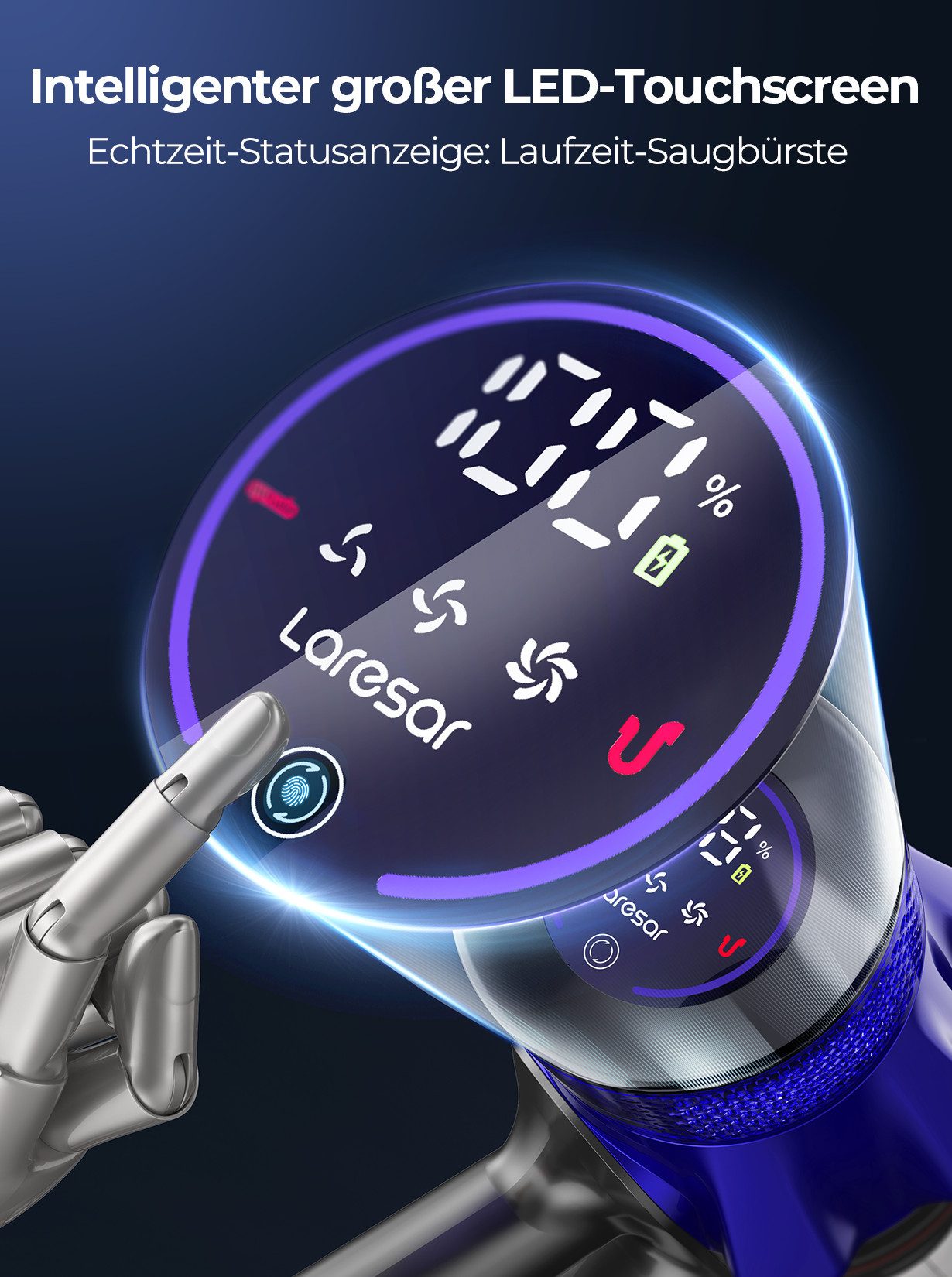Laresar Akku-Hand-und Stielstaubsauger V7S Akkustaubsauger 700W, 80 kPa Saugleistung, 90 Minuten Akkulaufzeit, 700 W, Selbststehend Design, Intelligenter Touchscreen