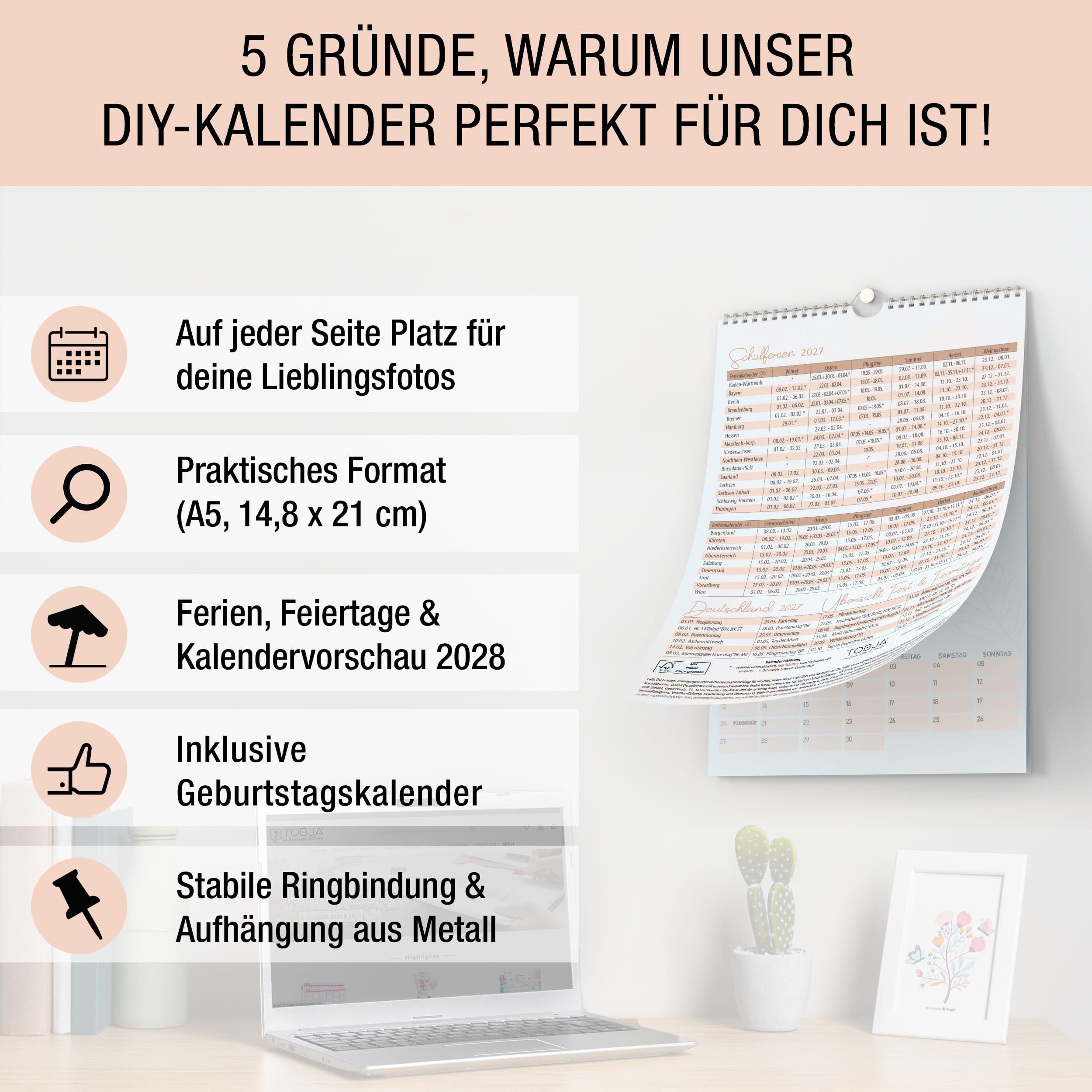 TOBJA Kalender zum Selbstbasteln DIY Foto-Kalender 2027 A5 Bloom Bastelkalender rosa Pärchen Geschenk, Florales rosa Design, von/für-Cover, 250g FSC, alle Stifte, A5