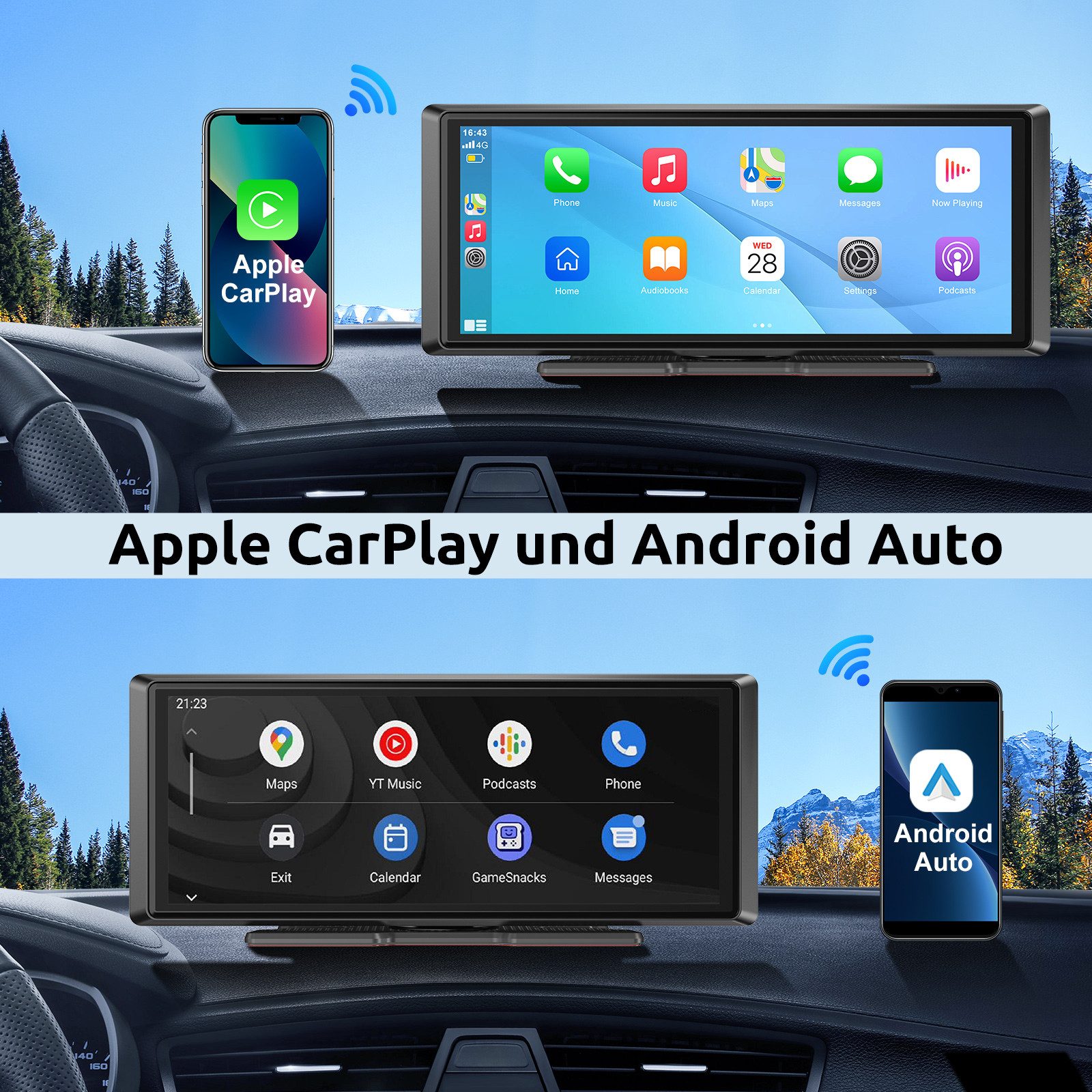 ESSGOO Tragbar Kabellos Apple Carplay Android Auto 8" Touchscreen Bluetooth Navigationsgerät (Autoradio Bluetooth Sprachsteuerung)