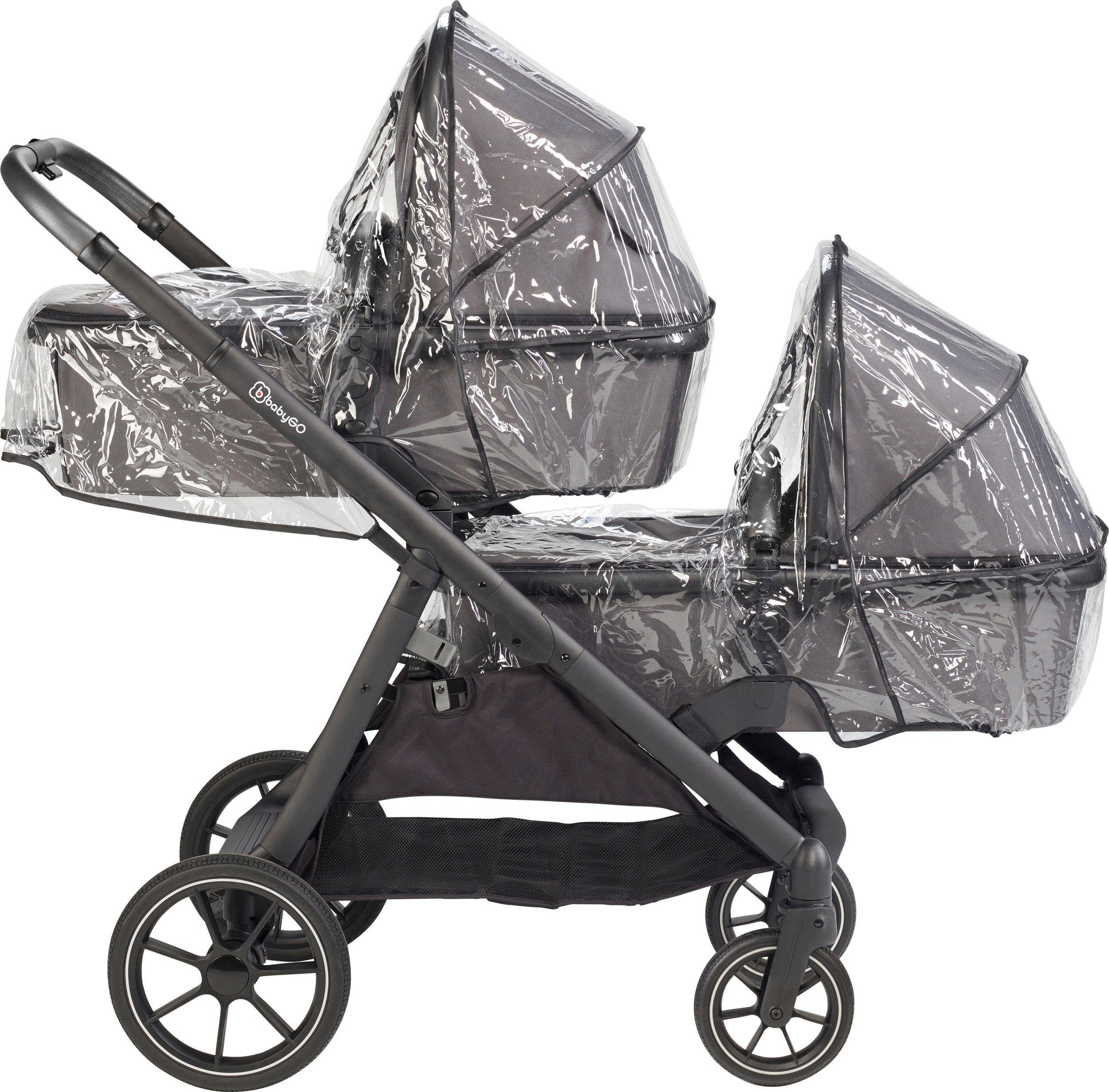 Online-Shop für Markenartikel BabyGo Zwillings-Kombikinderwagen Duo Mega Set, Babyschalen Adapter, 2 Regenhauben u. Wickeltasche 2 grau, inkl. mit