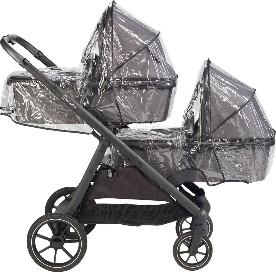 BabyGo Zwillings-Kombikinderwagen Duo Mega Set, grau, inkl. 2 Babyschalen  mit Adapter, Wickeltasche u. 2 Regenhauben | Kinderwagen