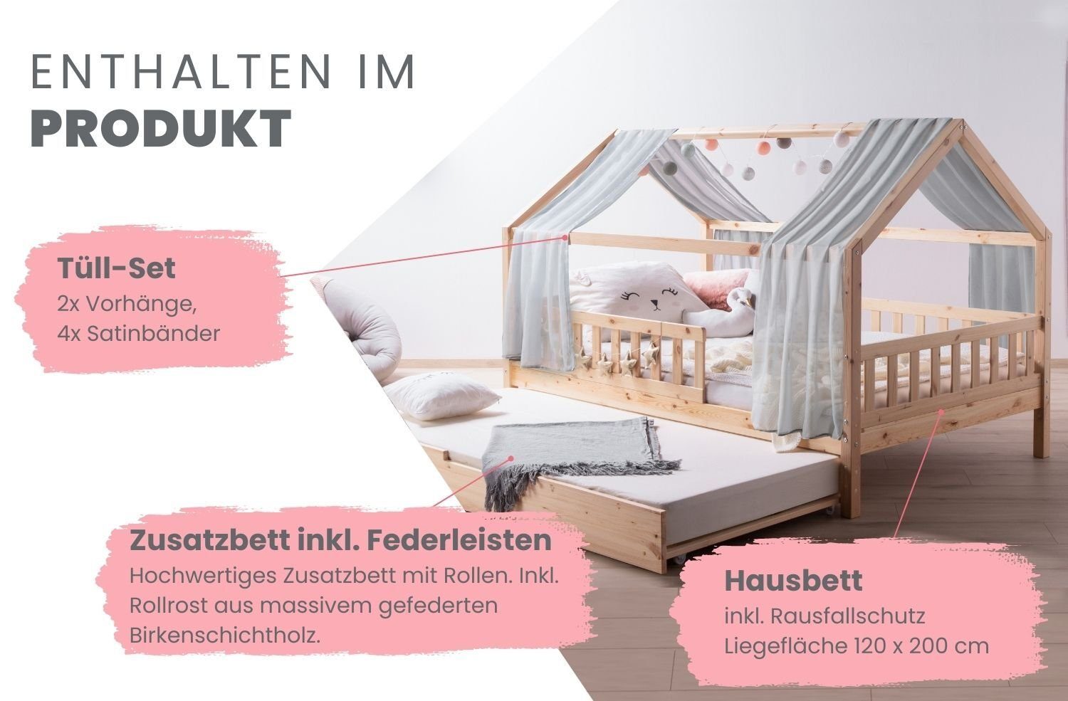 Ticaa Hausbett Kim mit Rausfallschutz und Zusatzbett aus Kiefer, Kinderbett günstig online kaufen