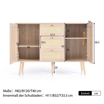 PFCTART Schubkastenkommode Kommode mit 2 Türen und 3 Schubladen Rattan Sonoma Eiche (120 x 82 x 40 cm (B/H/T), Verstellbare Ablage Massivholzfüßen