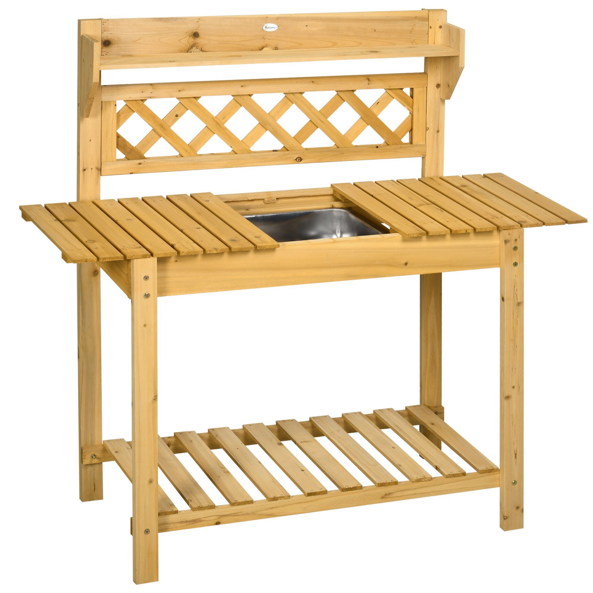 Outsunny Pflanztisch mit Edelstahl-Spülbecken, 2 Ablagefächer, Massivholz, Braun (Set, 1-St., Gärtnertisch), 92L x 45B x 120H cm