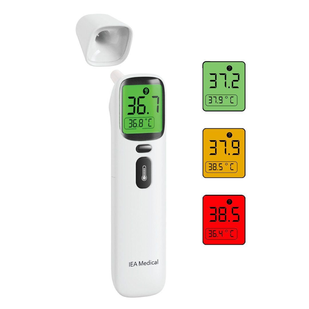 IEA Medical Infrarot-Fieberthermometer Digitales Fieberthermometer AOJ-20A, inkl. Tragebeutel, kontaktlos, für Babys, Kinder, Erwachsene, Farbwarnsystem, Stirn & Ohr