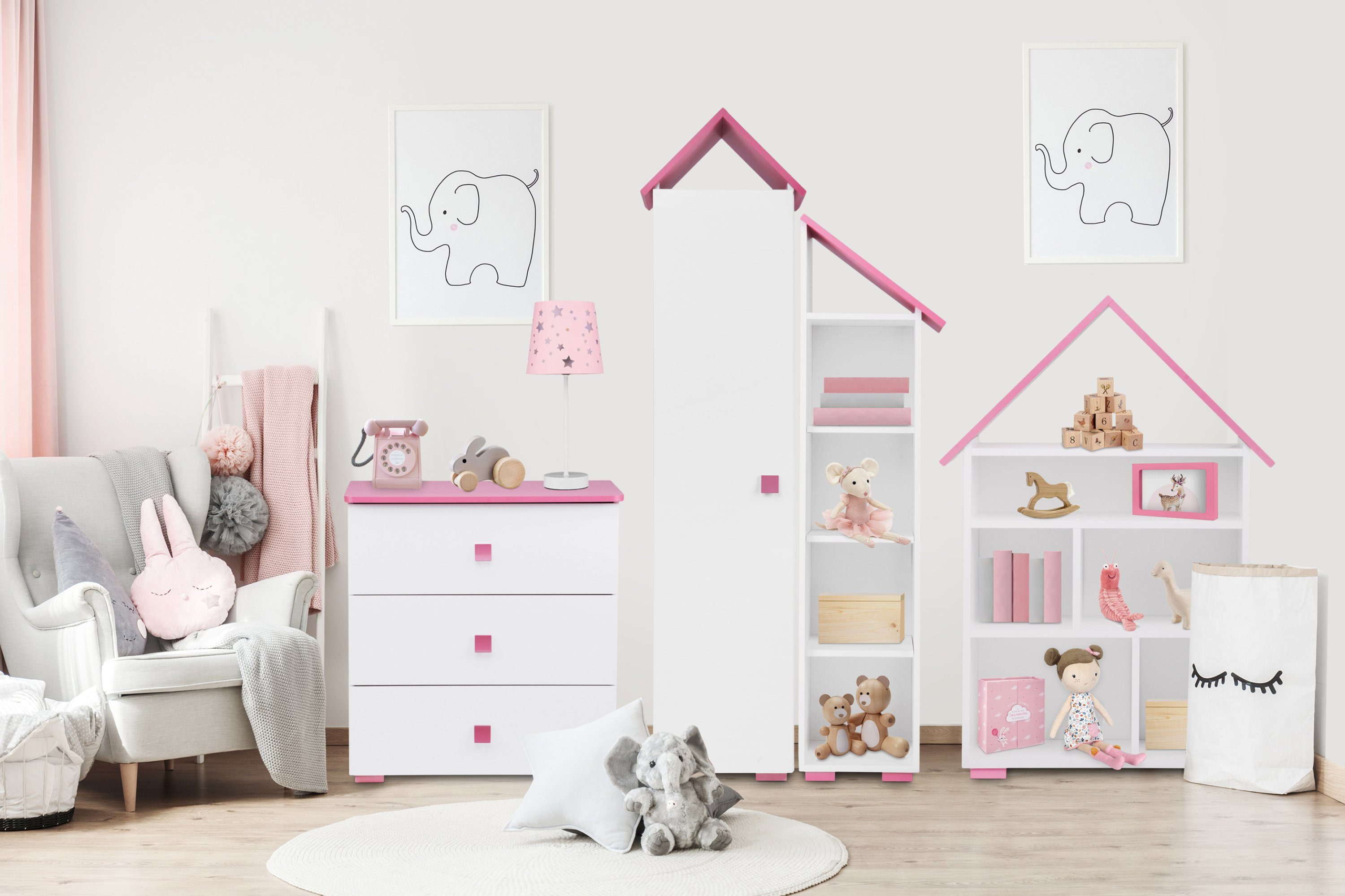 Konsimo Kinderregal Kinderregal 165cm PABIS, ABS-Kanten, Pastellfarben in Hochregal, weiß/rosa