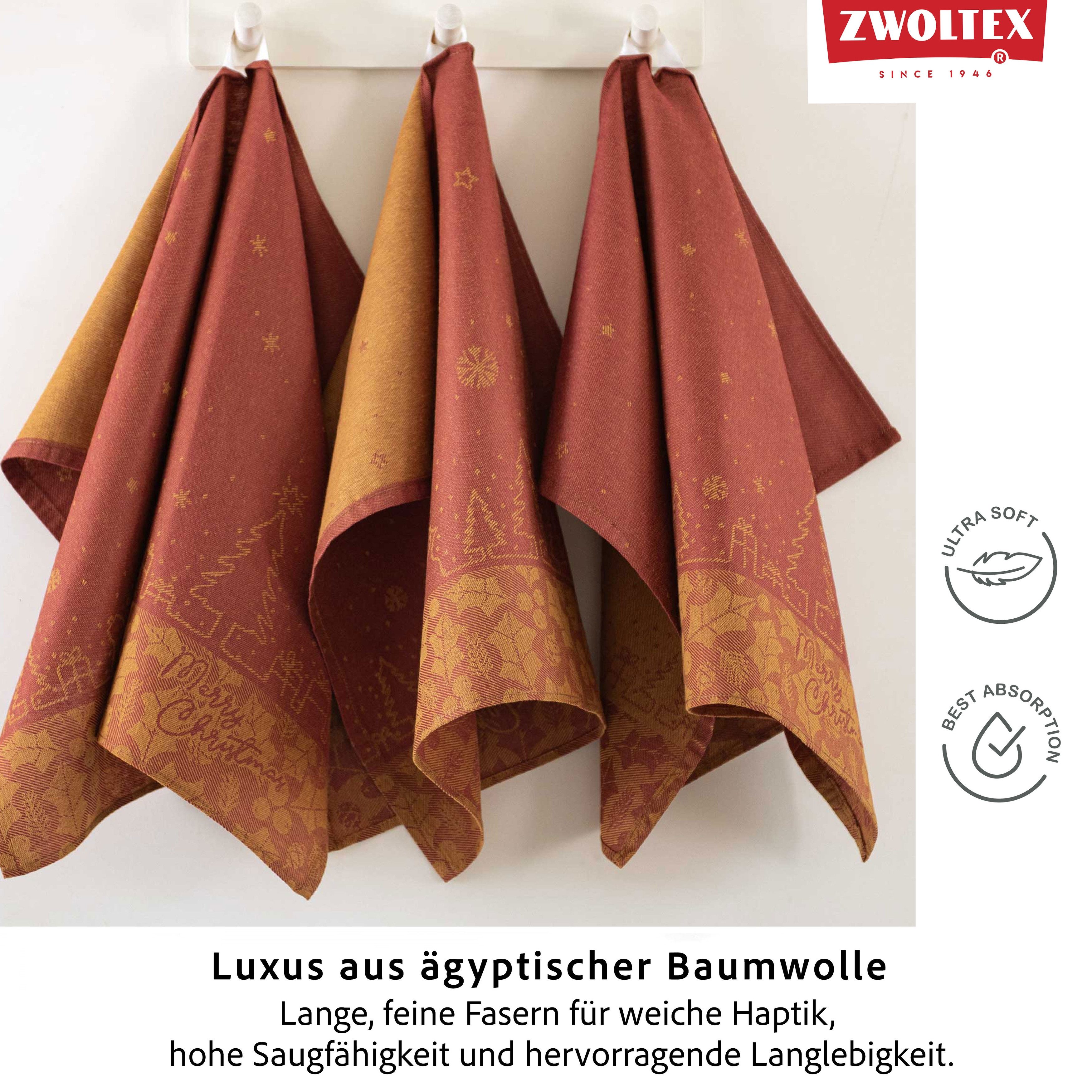 Zwoltex Geschirrtuch Weihnachtliches Küchentuch Geschirrtuch 3er Set 3x, (50x70 cm Baumwolle – gewebtes Weihnachtsset für hochwertige Küchen), Hochwertige Verarbeitung für tägliche Nutzung in der Adventszeit