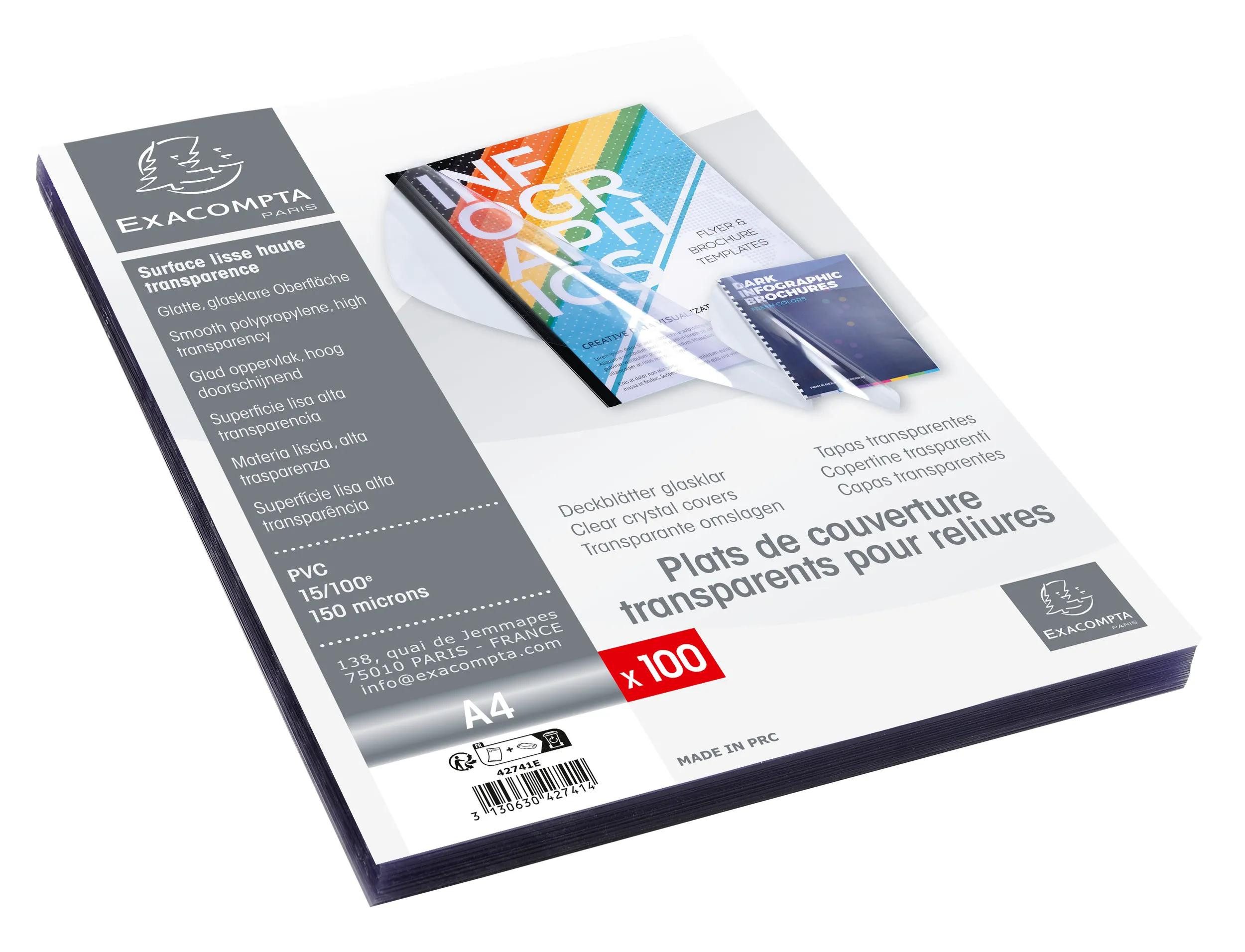 EXACOMPTA Buchbindemappe 100er Pack Einbanddeckel aus PVC 150µ, für DIN A4 - Kristall - 42741E, DIN A4 Deckel, (