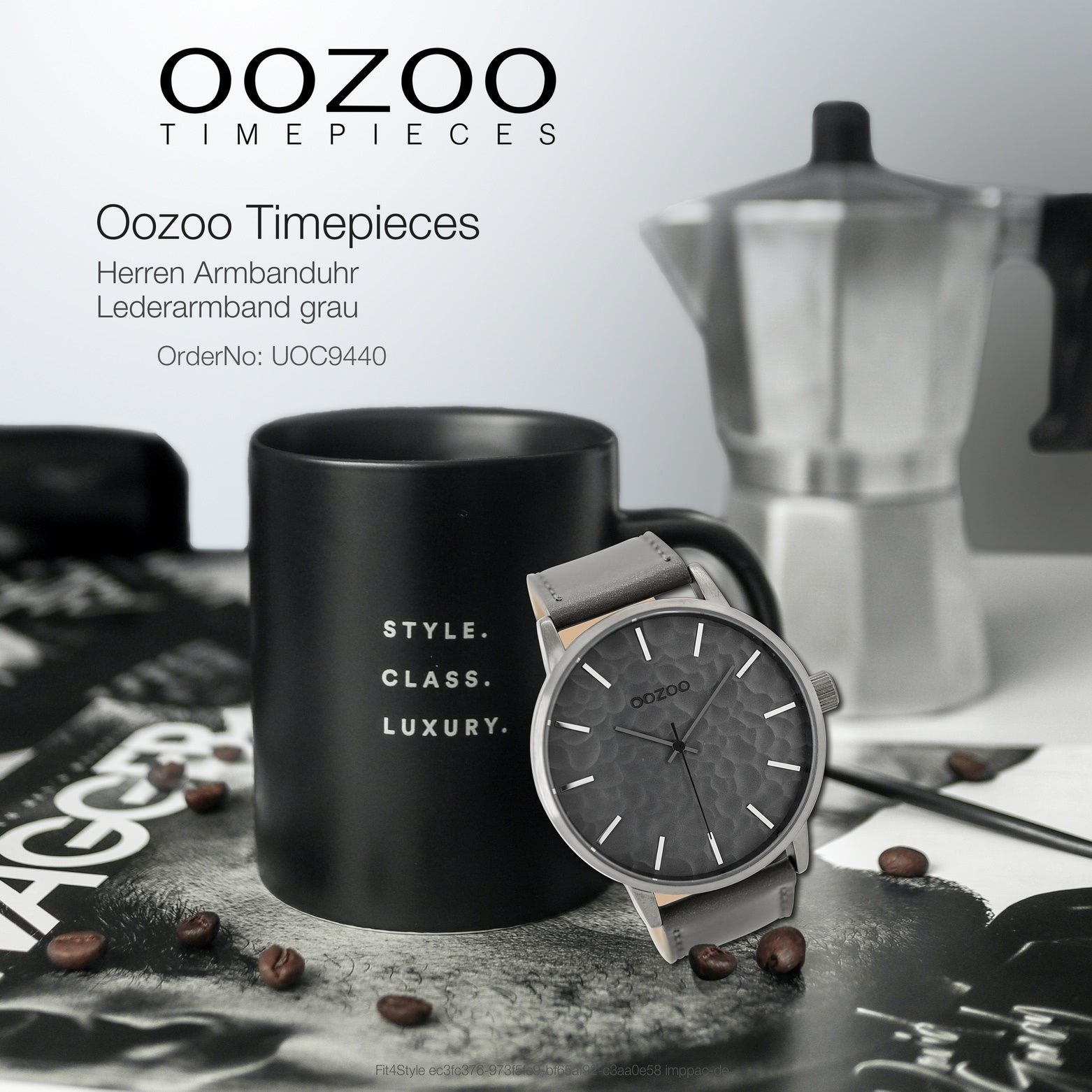 Lederarmband, rund, extra Oozoo Herrenuhr grau, Herren Fashion-Style OOZOO Quarzuhr 48mm) (ca. Armband-Uhr groß