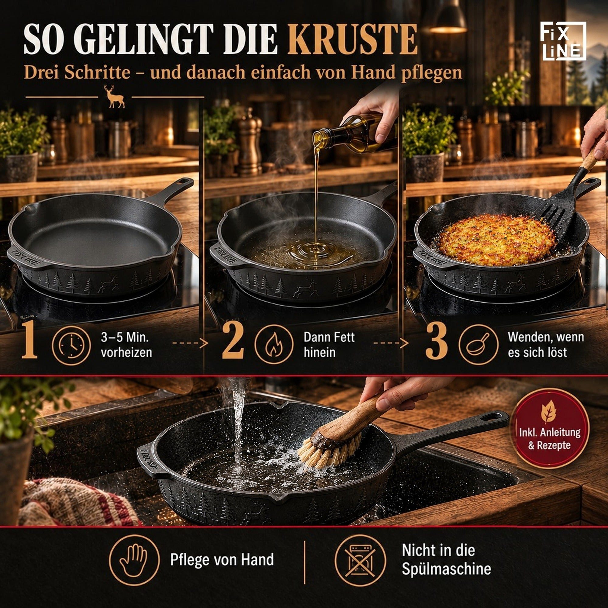 FIXLINE Bratpfanne Original Gusseisenpfanne 28cm Black Forest Edition - Emailliert, Gusseisen (Einzel, 1 Gusseisenpfanne), Emailliert, Black Forest Edition – Bild 3 von 5