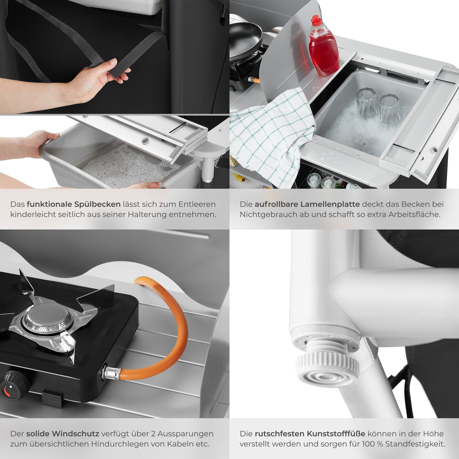 tectake Campingtisch Campingküche Luxus mit 4 Fächern (1-St., 1 tlg), Vielseitige Aufbauküche