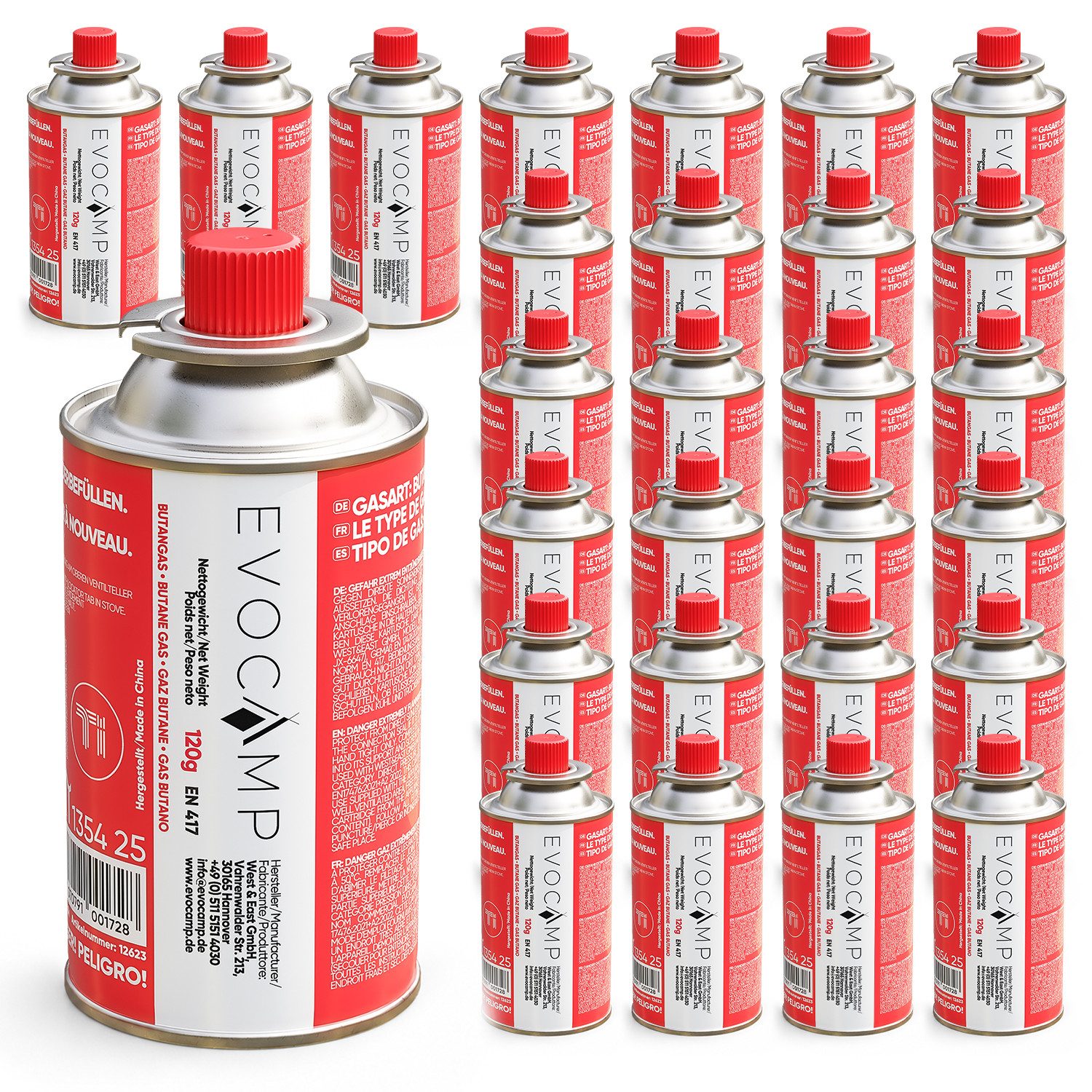 EVOCAMP Gaskartusche Butangas 120 g mit Bajonettventil nach EN 417, Zubehör für Gasbrenner, 28 St., Gas für Campingkocher & Gasbrenner