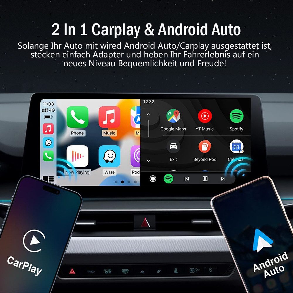 TUWENA Wireless CarPlay Adapter, 2 In 1 Carplay & Android Auto Adapter Adapter, Mit iPhone 6 and Android 11 and Above mit Wired CarPlay Autos, USB C/A