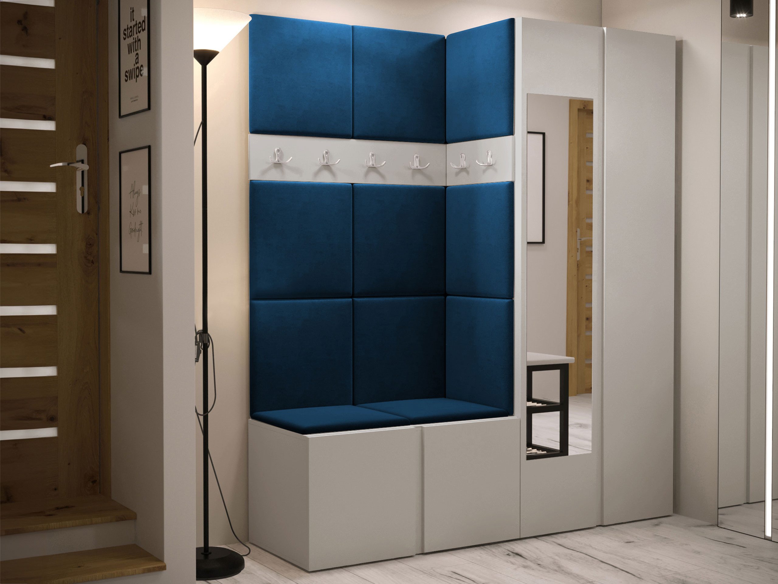 MIRJAN24 Garderoben-Set Orion XII, (Komplett-Set, Schrank, Schrank mit Spiegel, 2x Kleiderhaken, Paneel 11x 42x42), Auswahl aus Fronten und Polsterplatten