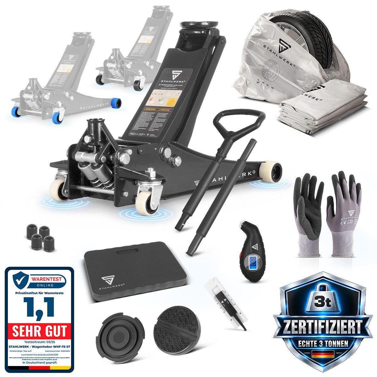 STAHLWERK Wagenheber Wagenheber WR 3t 73 bis 500 mm Reifendruckprüfer Handschuhe Kniekissen, Einzelgerät, 1-tlg.