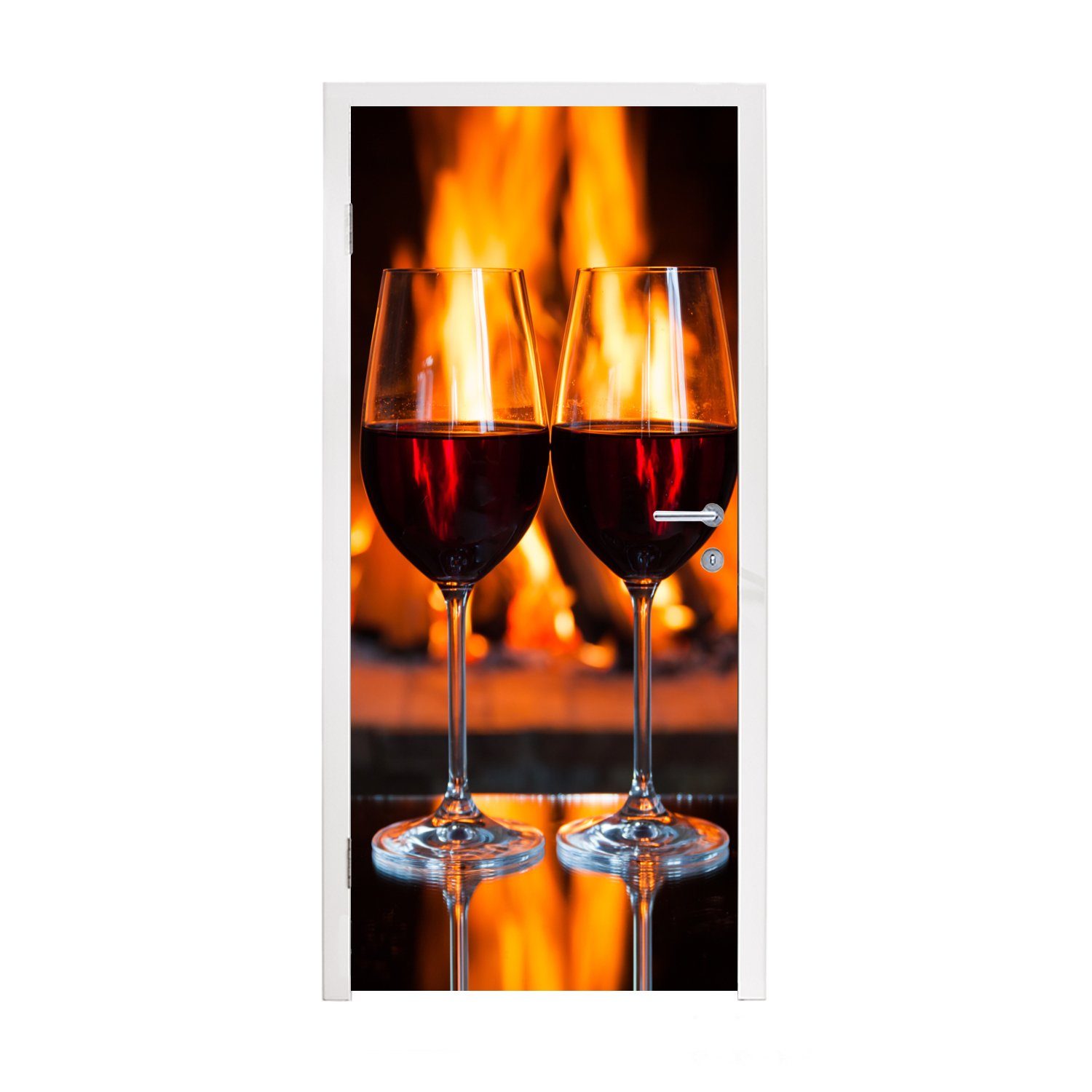 MuchoWow Türtapete Zwei Gläser Rotwein am offenen Feuer, Matt, bedruckt, (1 St), Fototapete für Tür, Türaufkleber, 75x205 cm