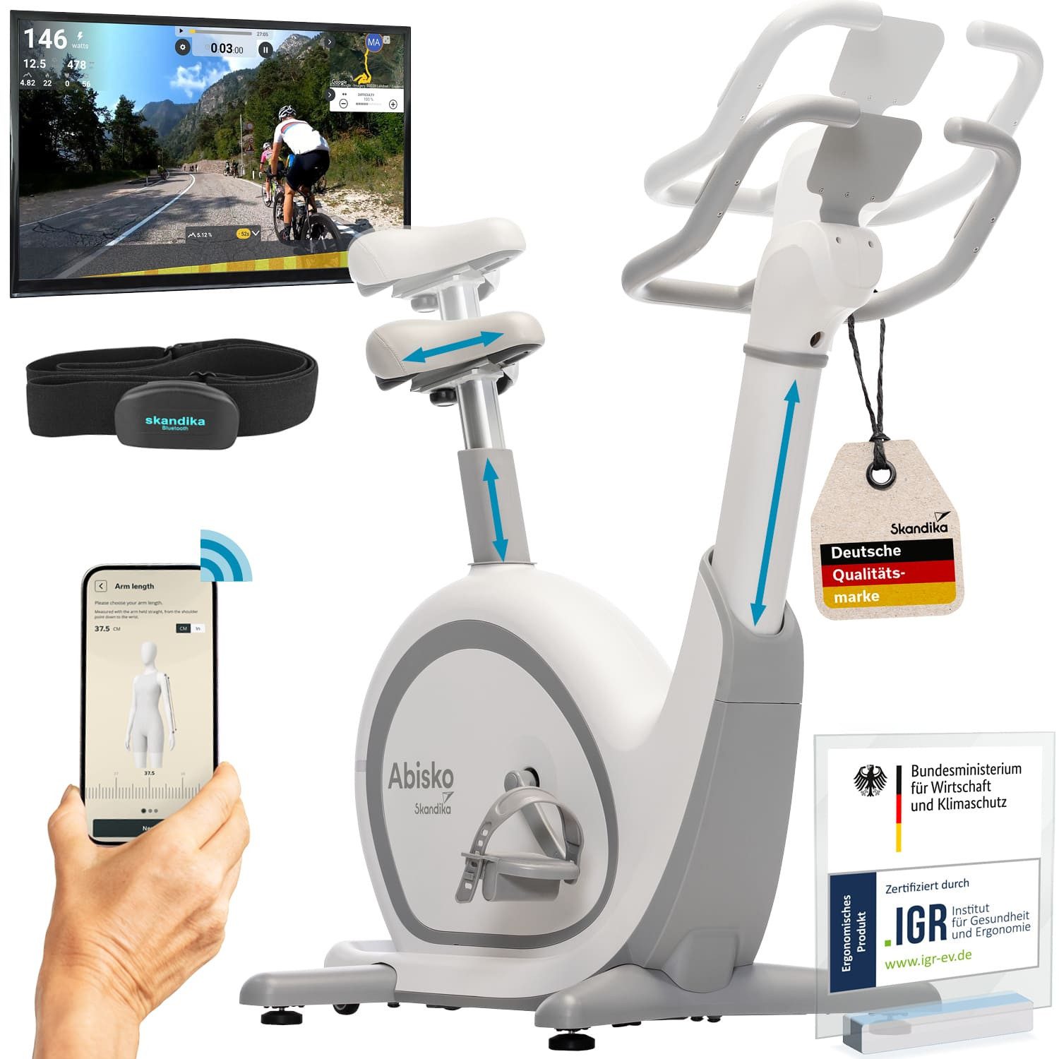 Skandika Heimtrainer Abisko, Weltneuheit, Smarter Ergometer für Zuhause mit App Steuerung, EMS-Widerstand, Auto.Lenker- & Satteleinstellung, 36 Widerstandsstufen