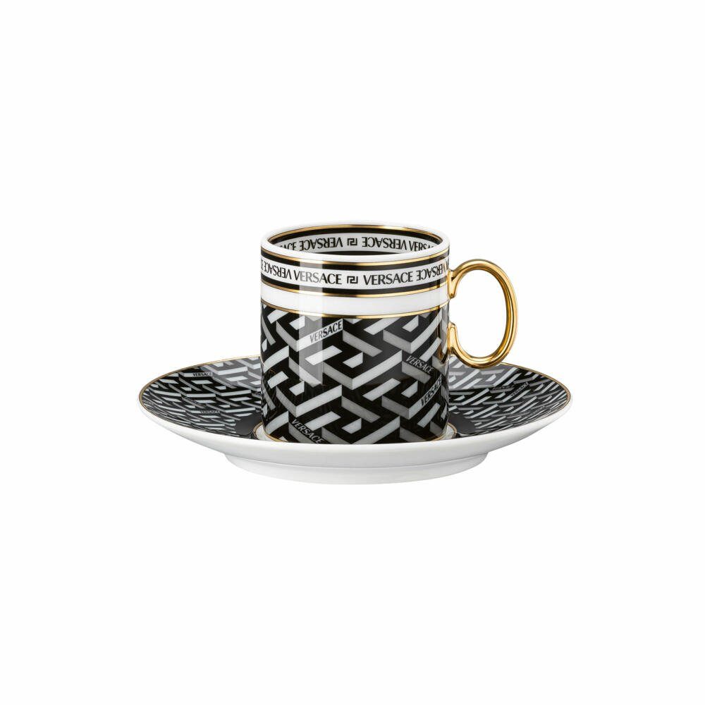 Rosenthal meets Versace Espressotasse La Greca Signature Black, Porzellan, mit Untertasse