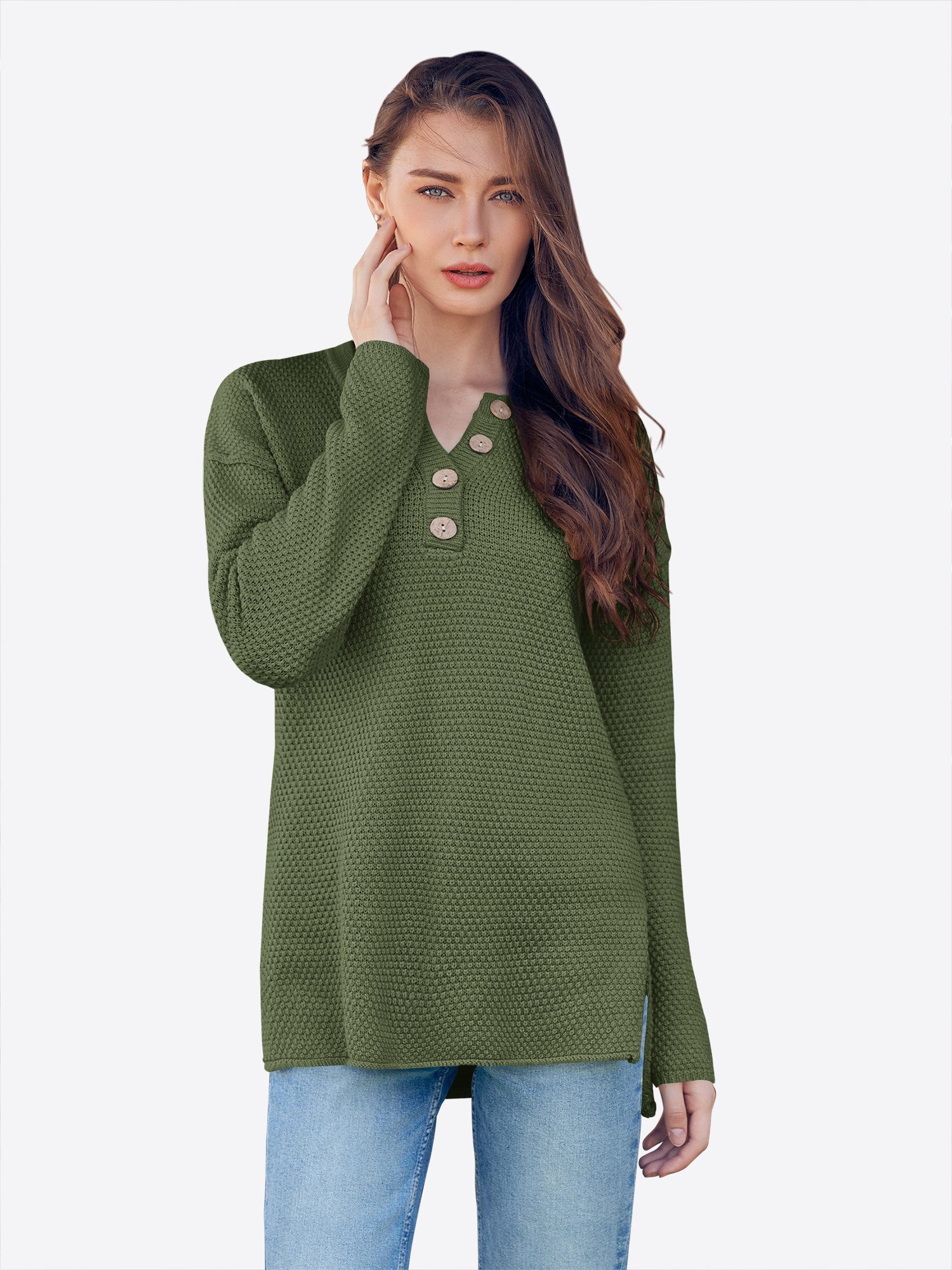 Imily Bela Sweater Damen Oversize Henley-Pullover mit V-Ausschnitt (Packung, 1-tlg., 1per-Pack) Baumwolle, Fledermausärmel