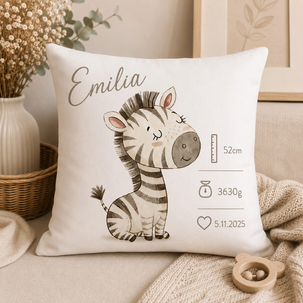 dubistda-WINDELTORTEN- Neugeborenen-Geschenkset Personalisiertes Baby-Dekokissen Zebra