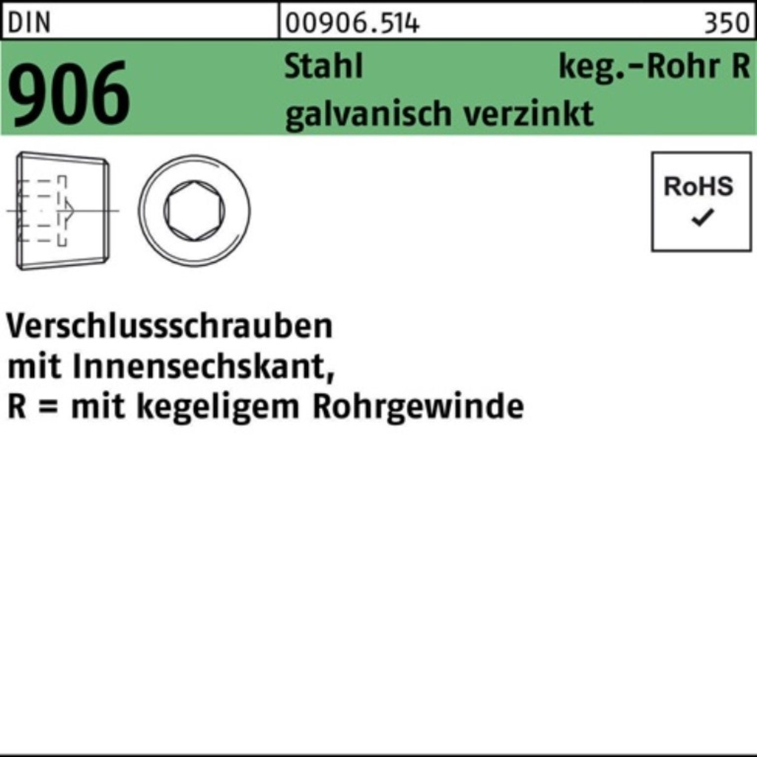 Reyher Schraube 100er Pack Verschlußschraube DIN 906 Innen-6kt R 1/8 Stahl galv.verz.