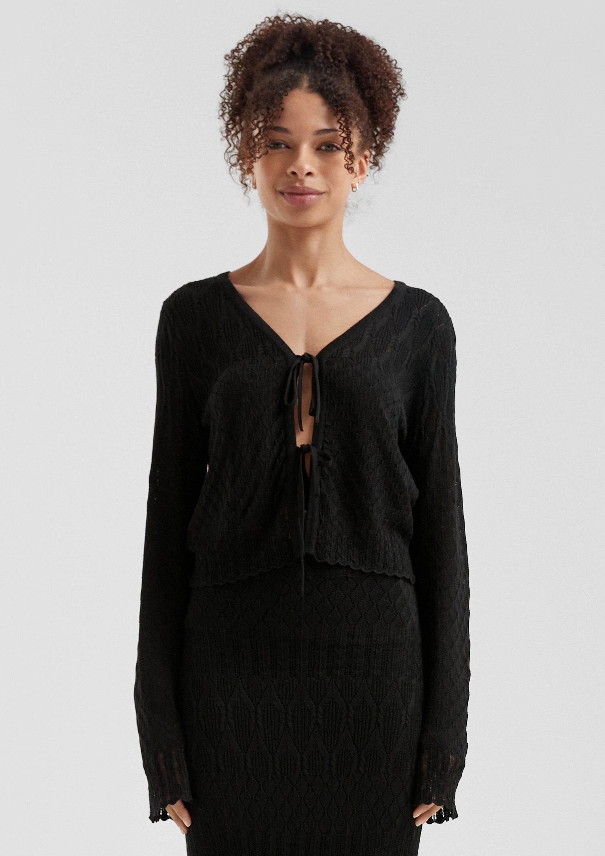 QS Cardigan Strickjacke Strickjacke mit Ajourmuster und Bindedetail