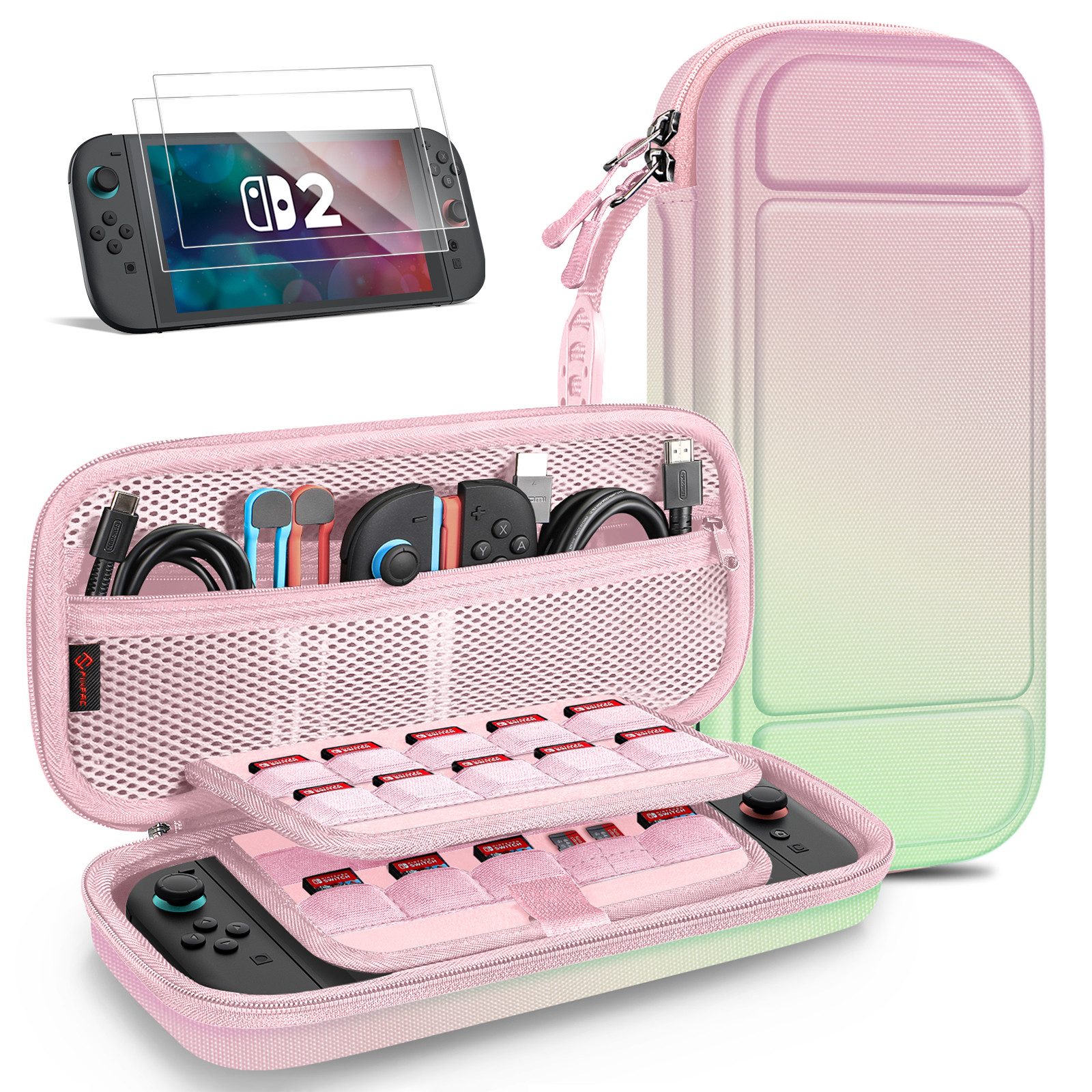 Fintie Nintendo-Schutzhülle Tasche mit 2 Panzerglas für Nintendo Switch 2(2025), 2-in-1 Zubehörset, mit 2 Stücke Schutzfolie, 1 Tragetasche mit großem Fassungsvermögen