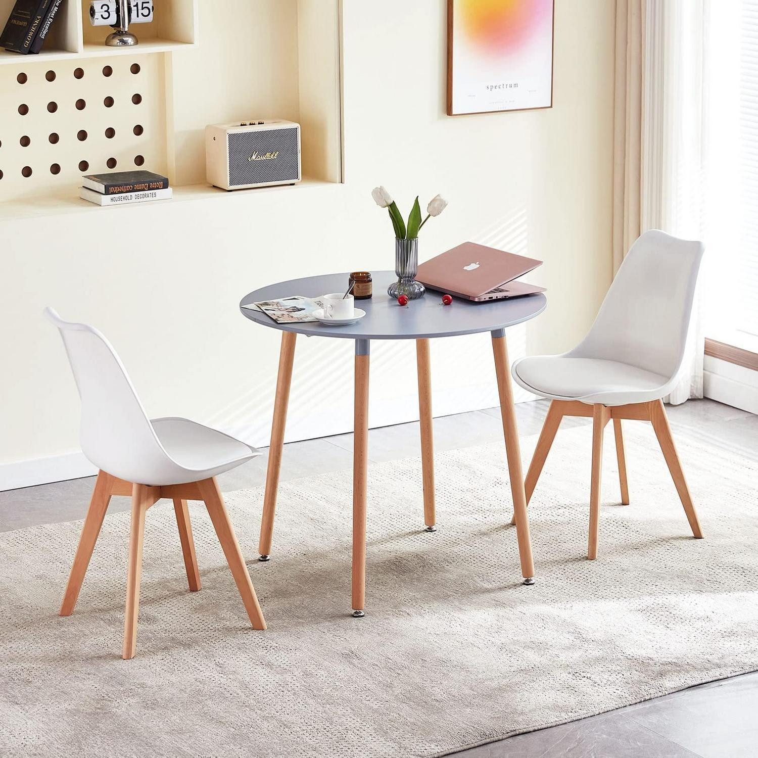 LuxusKollektion Esstisch Esstisch 2 Stühle 80 cm rund Grau Tisch 2 Weiß Buche Stühle (1-St)
