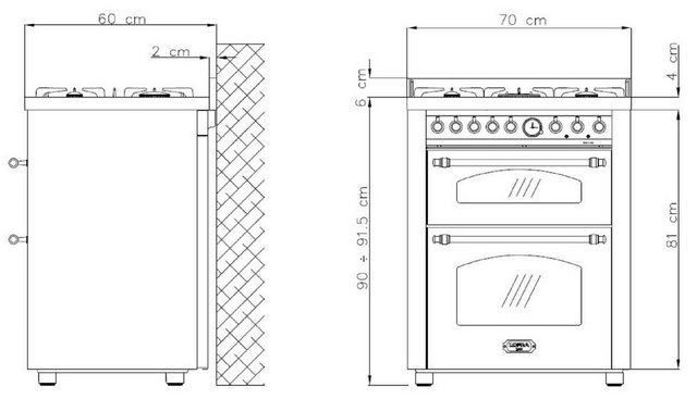 Lofra Gas-Standherd RNMUD 76 MFTE / Ci, mit 2-fach-Teleskopauszug, EASY-TO-CLEAN Emaille, 2-fach Teleskopauszug, Analoge Uhr mit Timer, 3-fach verglaste Backofentür, Temperaturregelung von 60 – 260 Grad Backraum (70 Ltr) mit Leichtreinigungsemaille und 9 Funktionen, Spritzschutz am Kochfeld, Gehäusekühlung