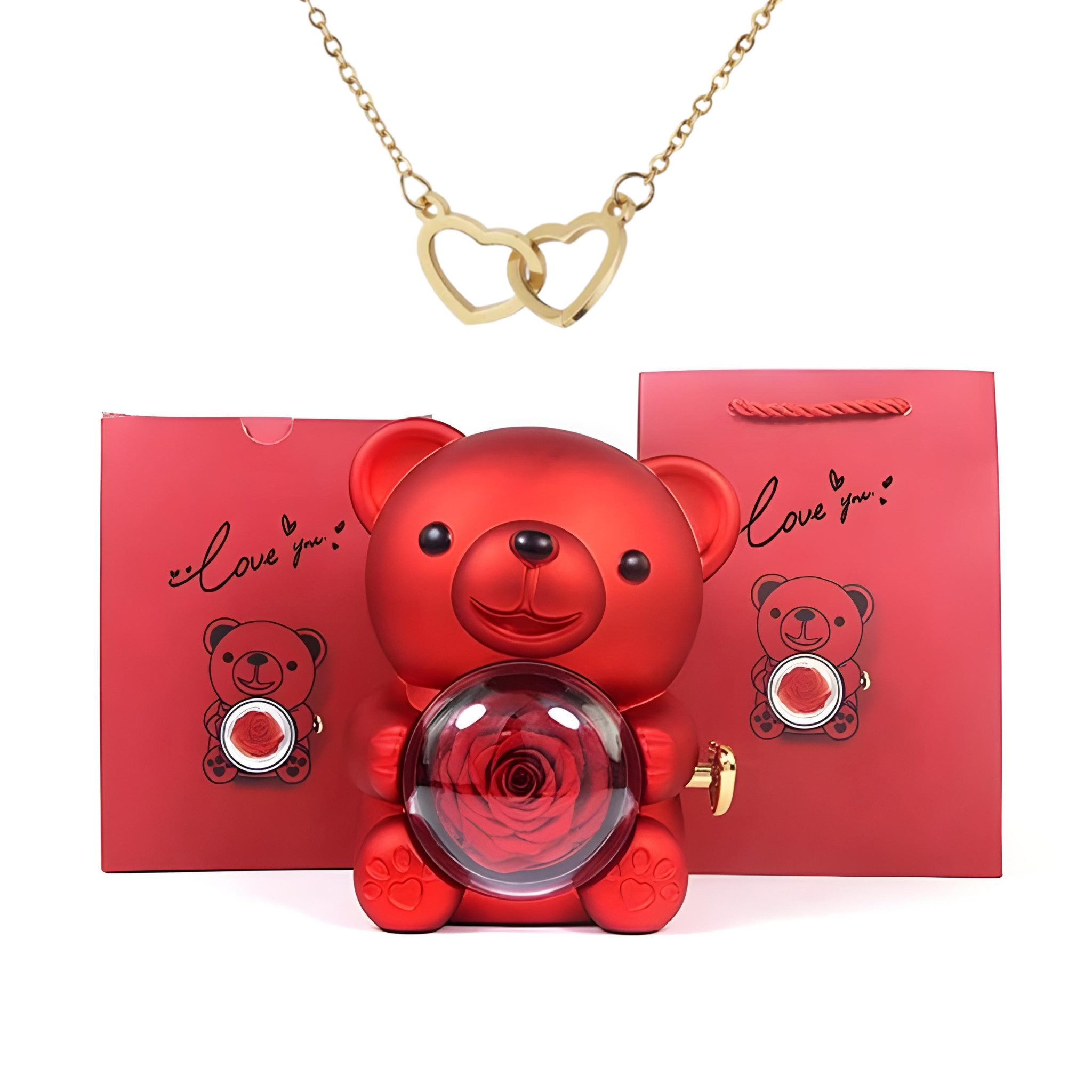 Kunstblume Ewige Rose Valentinstagsgeschenk, Rosenbär, Halskette mit Verpackung, NEXORA, Umfangreiches Geschenkset mit einer Halskette & ewigen Rose