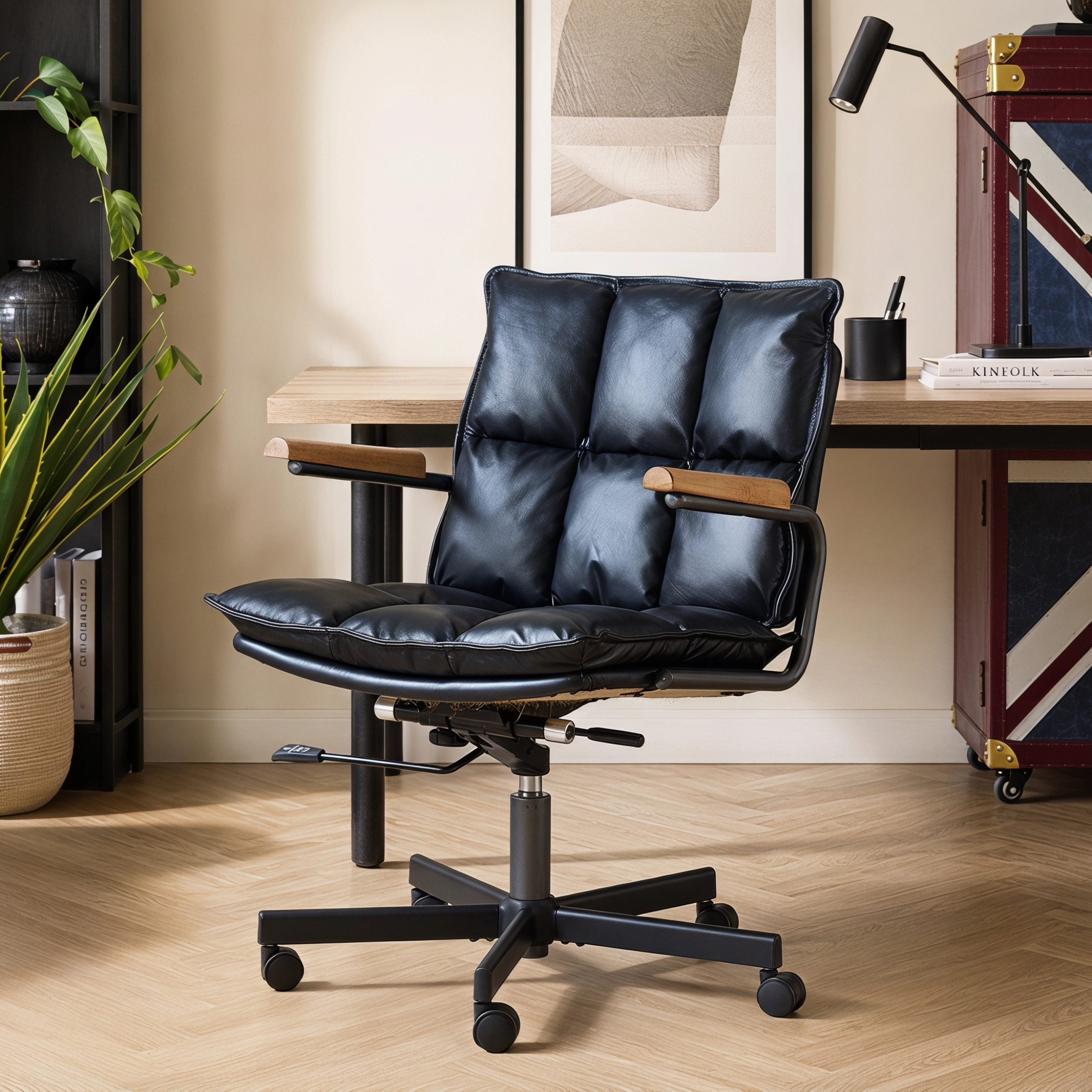 SeedWave Bürostuhl Höhenverstellbarer Drehstuhl mit Eichenholz-Armlehnen, 136kg belastbar, Industrial Design, Echtleder Schreibtischstuhl mit Wippfunktion