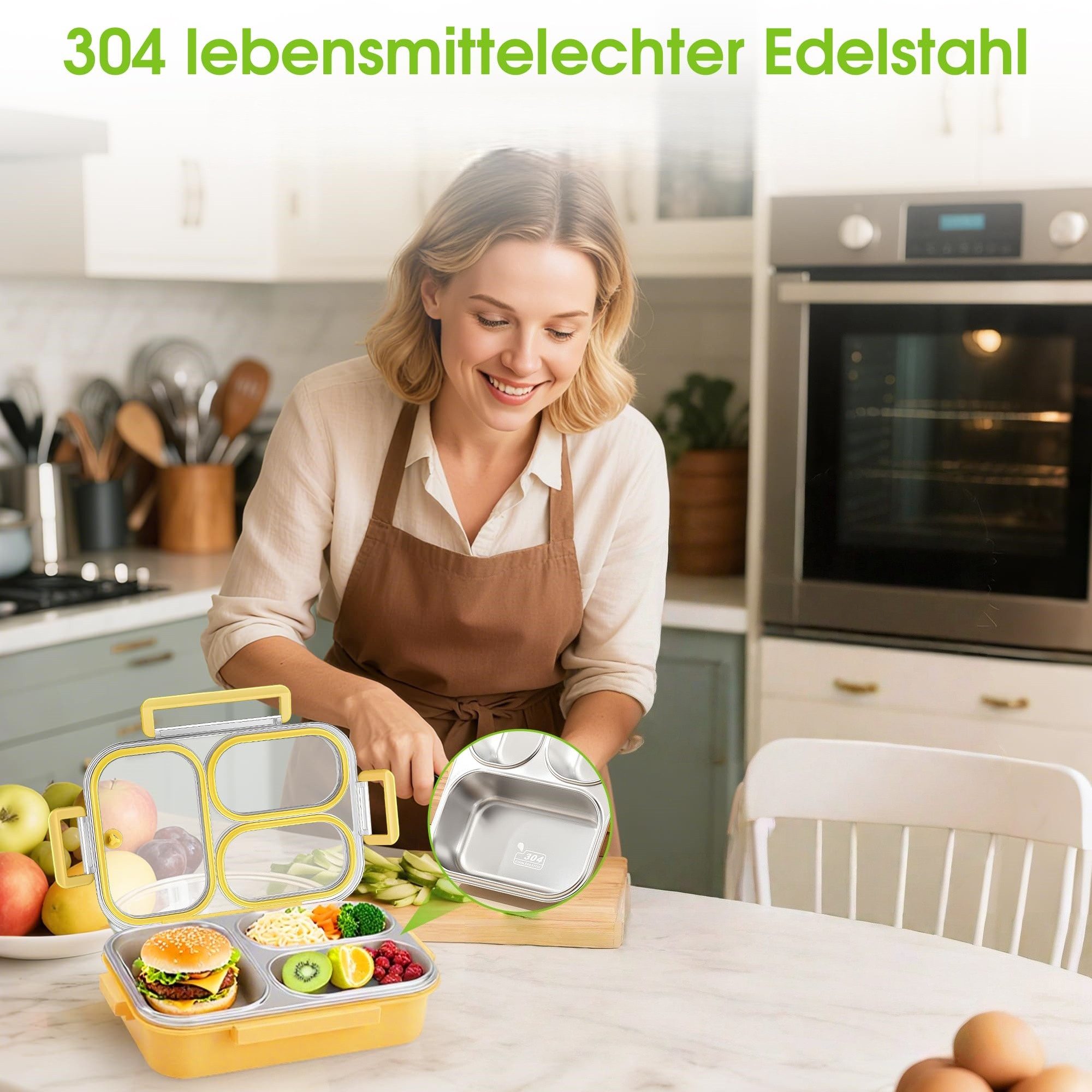 FOUORTUNATE-BEE Lunchbox 800ml Lunchbox Brotdose Edelstahl mit 3 Fächern, ABS und Edelstahl, (Unabhängiger Dichtungsring, Auslaufsicher Lunchbox)