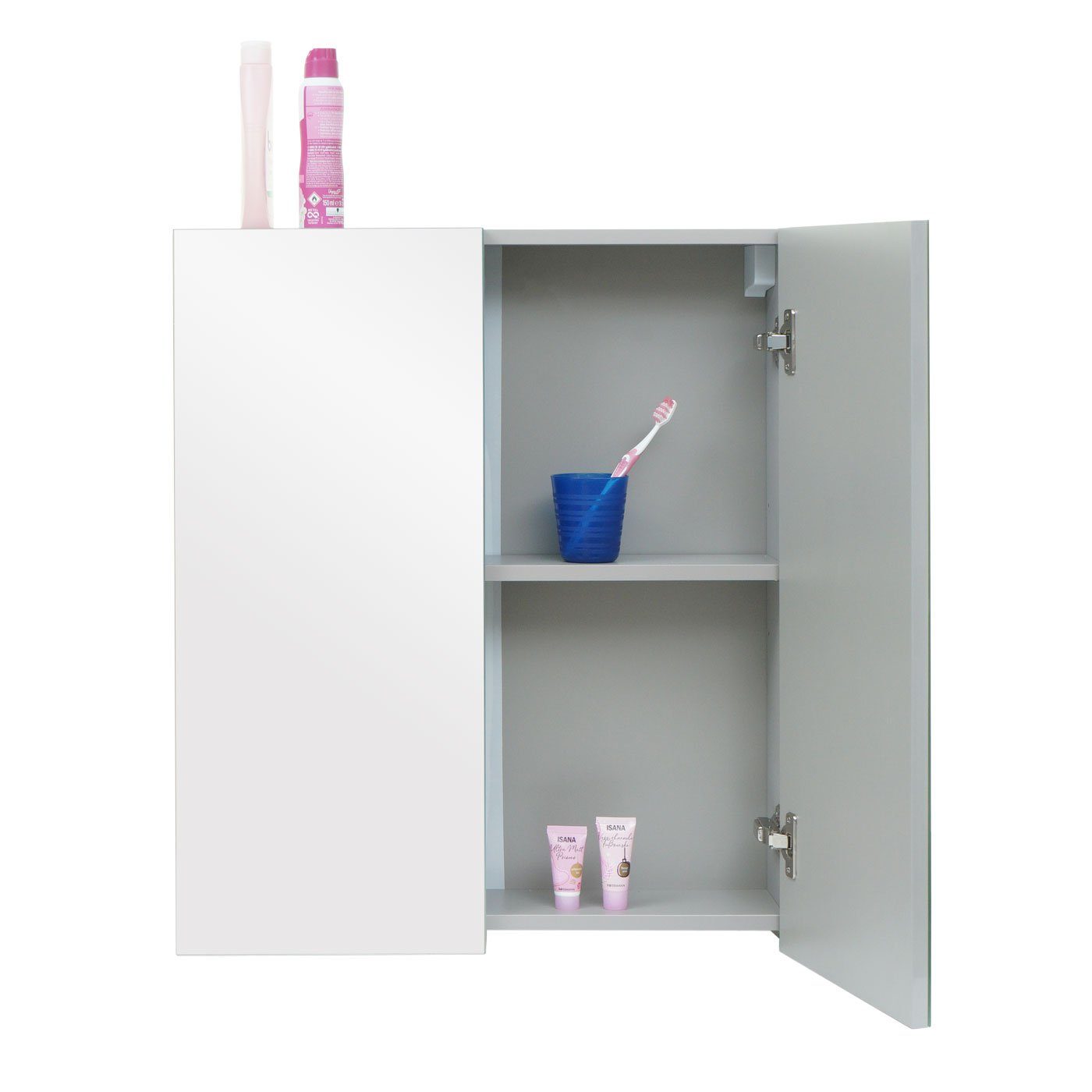 Badezimmerspiegelschrank Hochglanz-Optik MCW-B19b-60 Ablageflächen, grau MCW mit | grau
