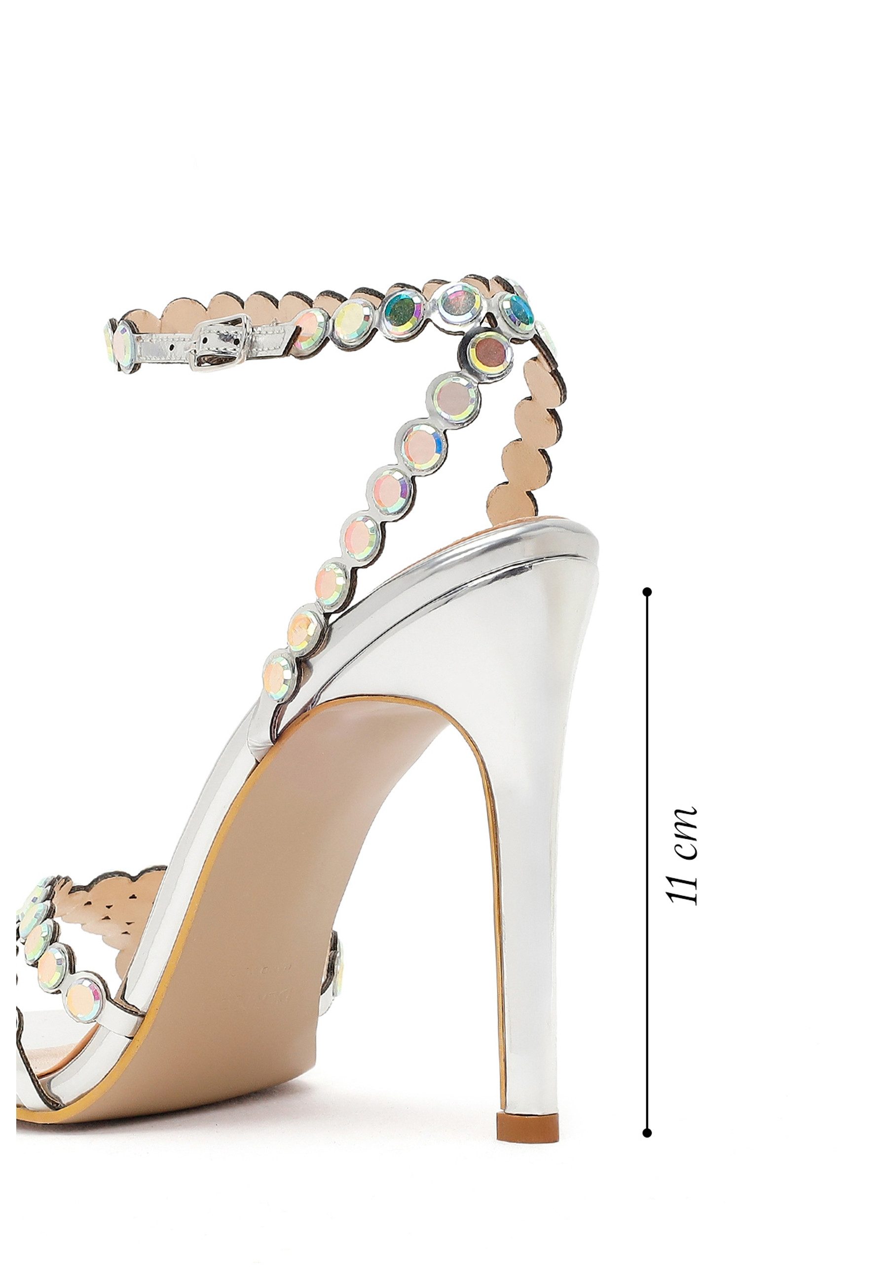 Derimod Sandaletten mit hohem Absatz aus Kunstleder mit Strass-Detail Sandale Kunstleder, Knöchelriemen, Stilettoabsatz, Schimmernde Verzierungen