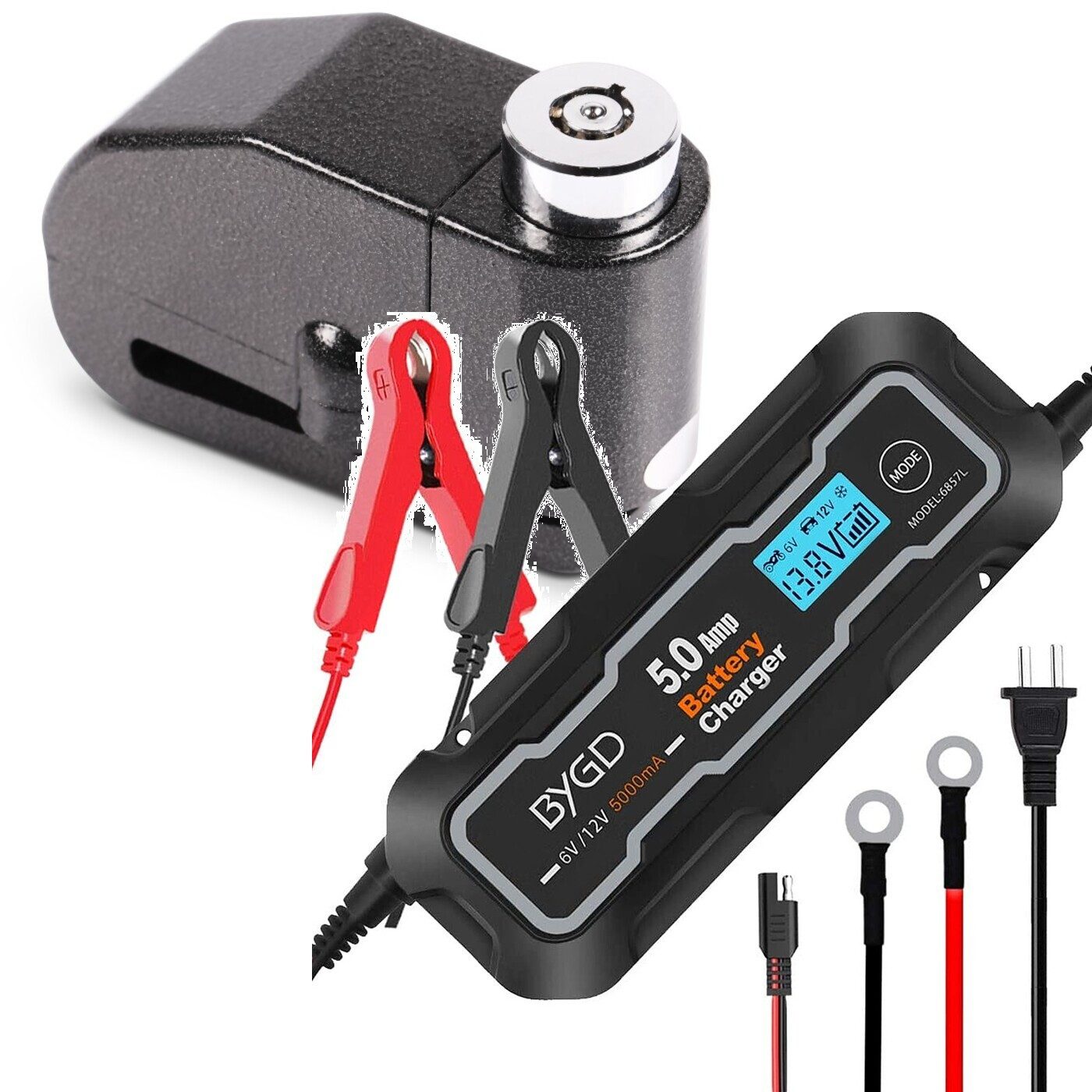 Sitzbank Set: Bremsscheibenschloss Alarm 120dB Diebstahlschutz + Batterie Ladeg