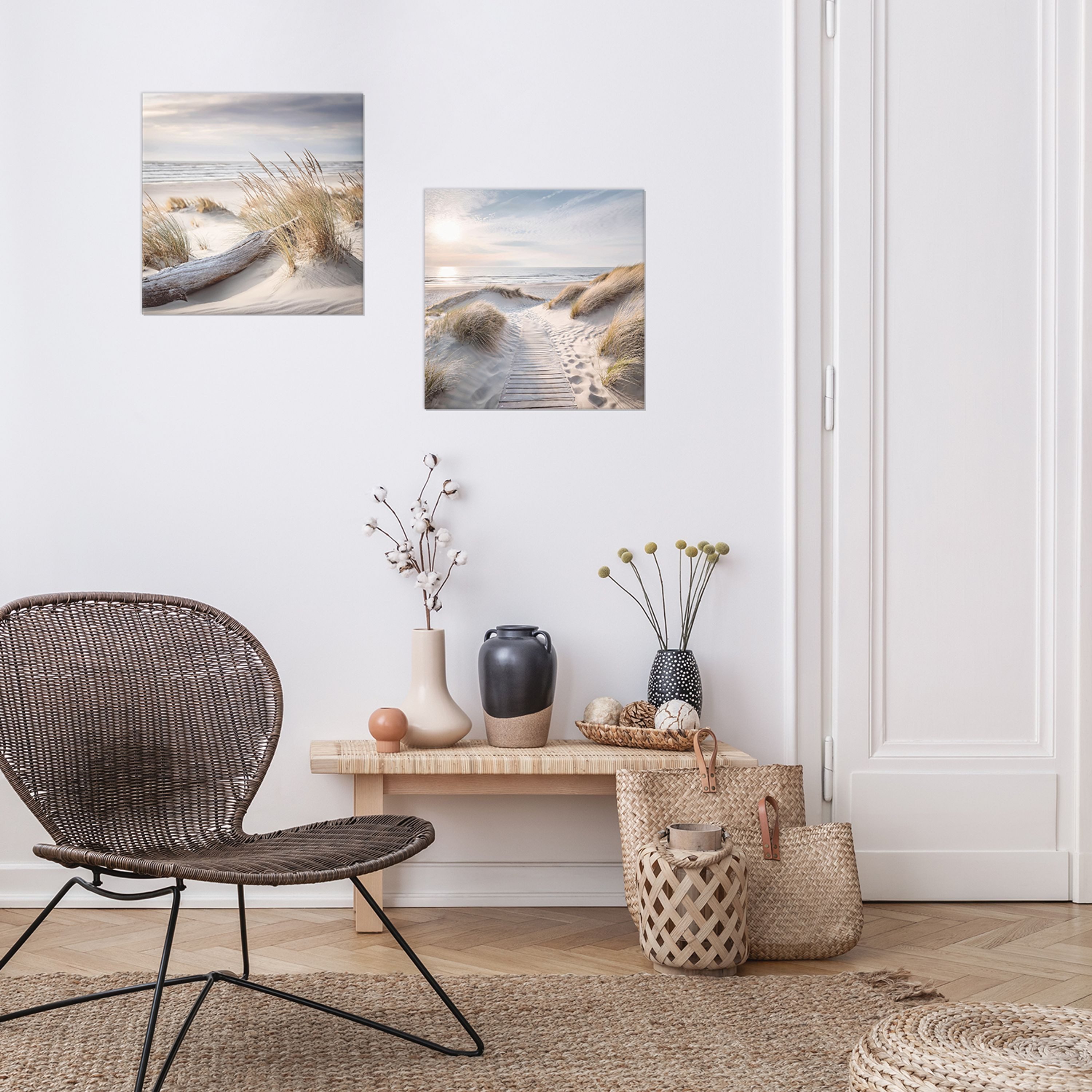 artissimo Glasbild Bild aus Glas 30x30 cm / Wandbild / Strandbild, Strand und Meer: Treibholz in den Dünen