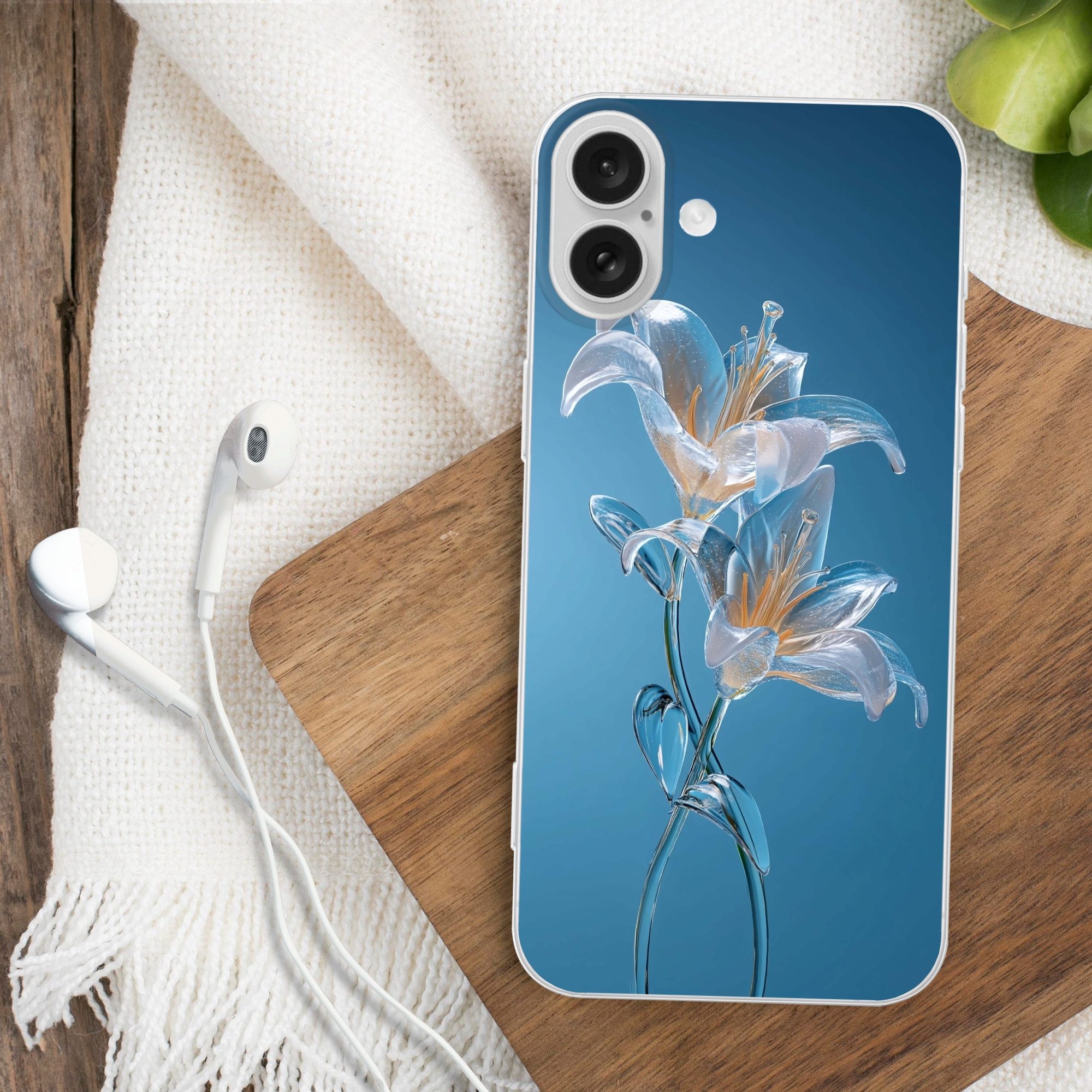 MuchoWow Handyhülle für Apple iPhone 16 Plus Lilien - Blau - Gläser, Smartphone-Bumper, Print, Handy Schutzhülle Dünn