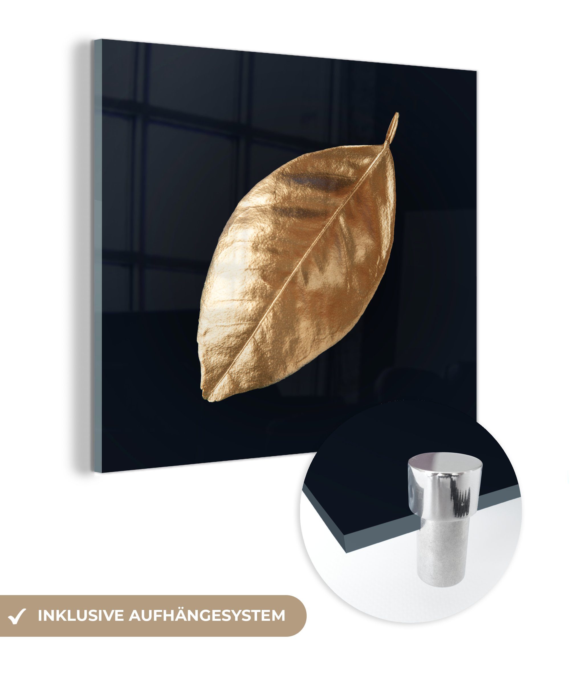 MuchoWow Acrylglasbild Blätter - Schwarz und Gold - Luxus - Natur - Pflanzen, (1 St), Glasbilder - Bilder auf Glas Wandbild - Foto auf Glas - Wanddekoration bunt