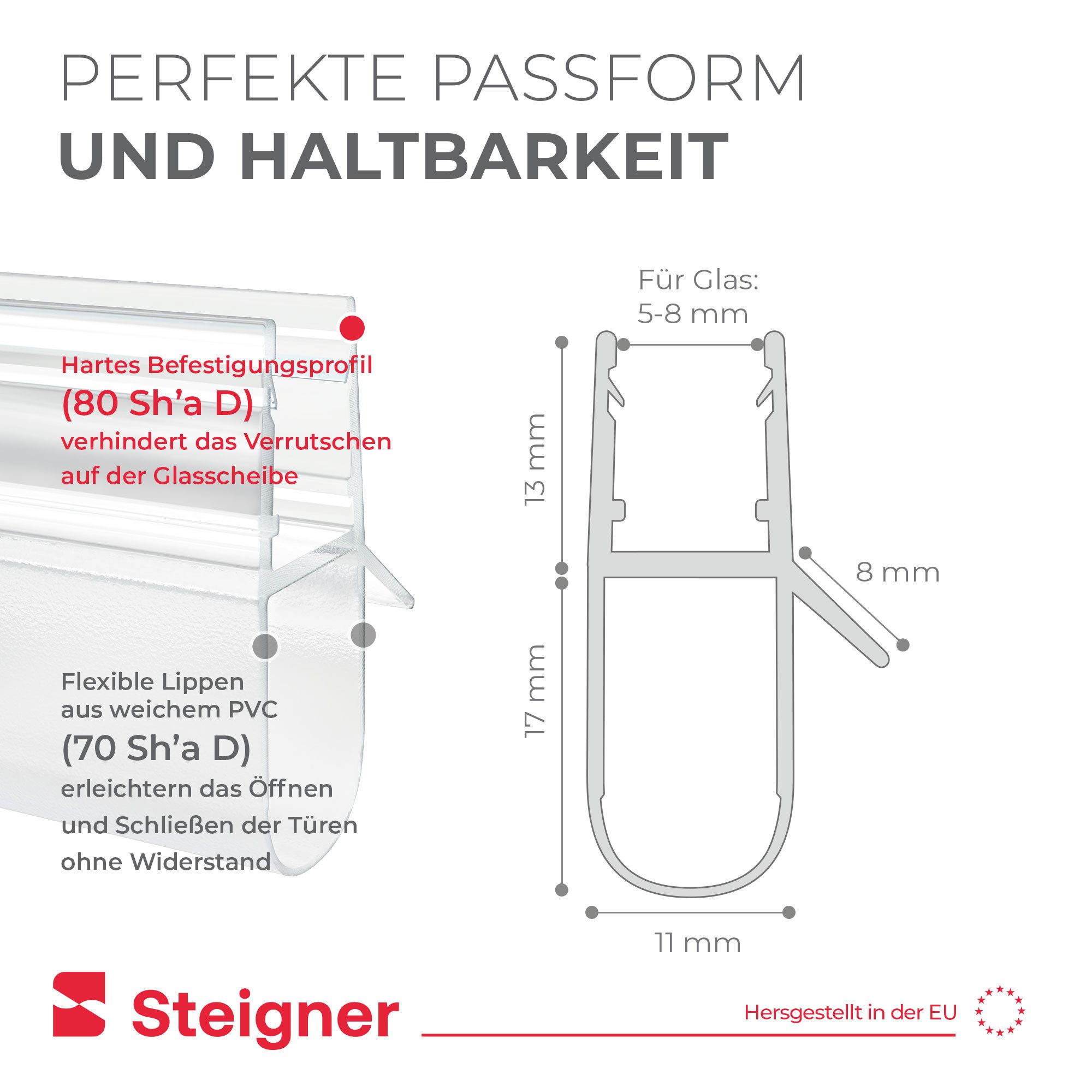 STEIGNER Duschdichtung Duschtürdichtung gebogen UK17 30 cm (1 Stk) Transparent 5-8 mm, L: 30 cm, (1 Stück Packung, Einzeldichtung), Duschdichtung Runddusche ode – Bild 4 von 5